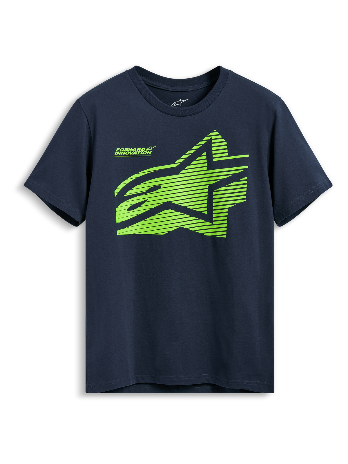 Alpinestars Fasting CSF Tee, t-shirt à manches courtes, bleu marine, logo Astars géométrique vert citron avec texte Forward Innovation, sportswear décontracté