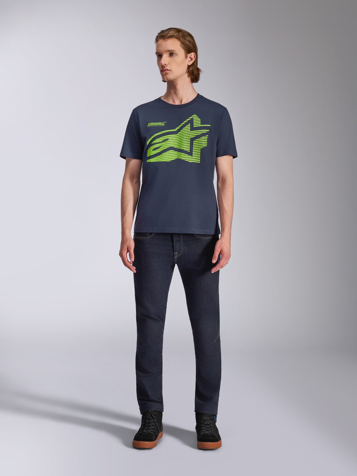 T-shirt Alpinestars Fasting CSF, t-shirt à manches courtes, bleu marine avec logo Astars géométrique vert citron, streetwear décontracté inspiré du sport automobile