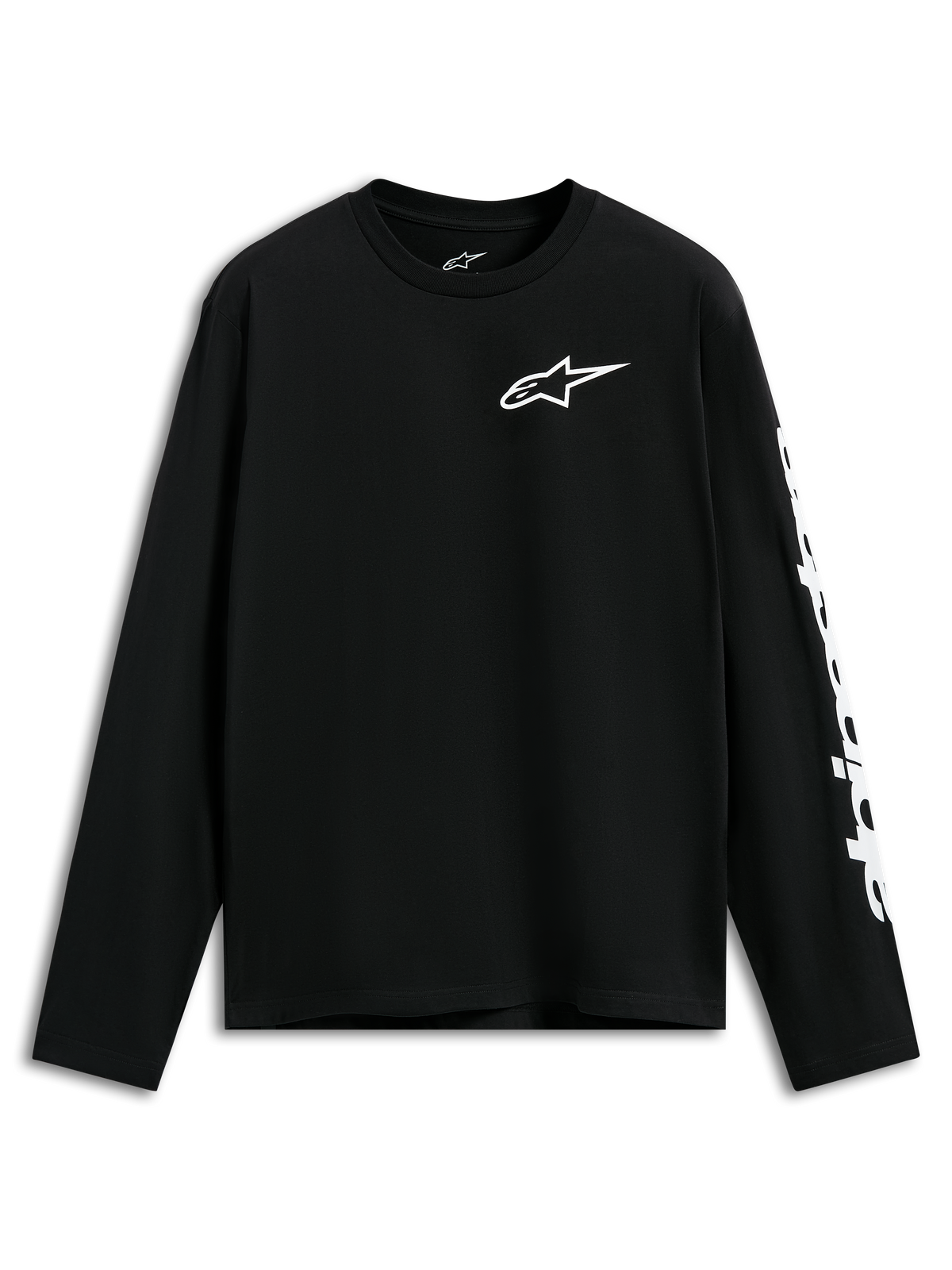 T-shirt Trackside CSF Alpinestars, t-shirt à manches longues, noir, logo Alpinestars blanc sur la poitrine et graphisme sur la manche, style streetwear décontracté inspiré du sport automobile