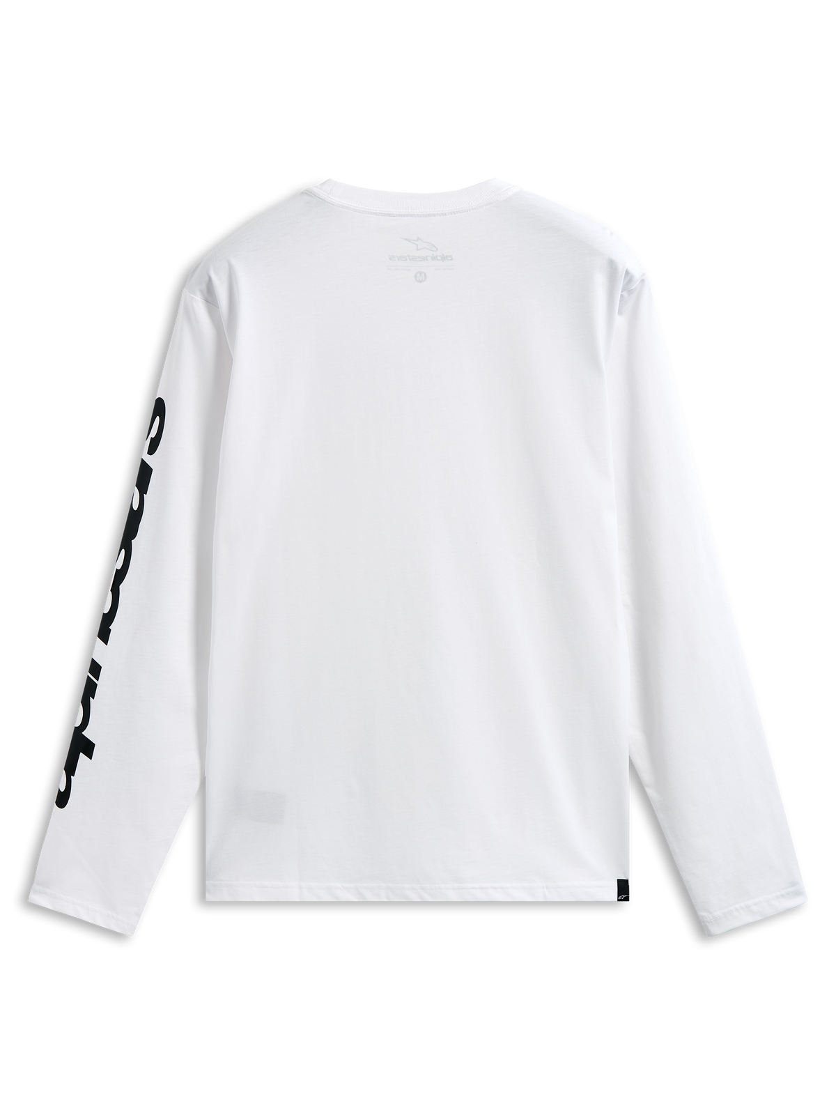 Alpinestars Trackside CSF Tee, t-shirt à manches longues, blanc et noir, vue de dos montrant un graphisme noir audacieux sur la manche, streetwear décontracté inspiré des sports mécaniques