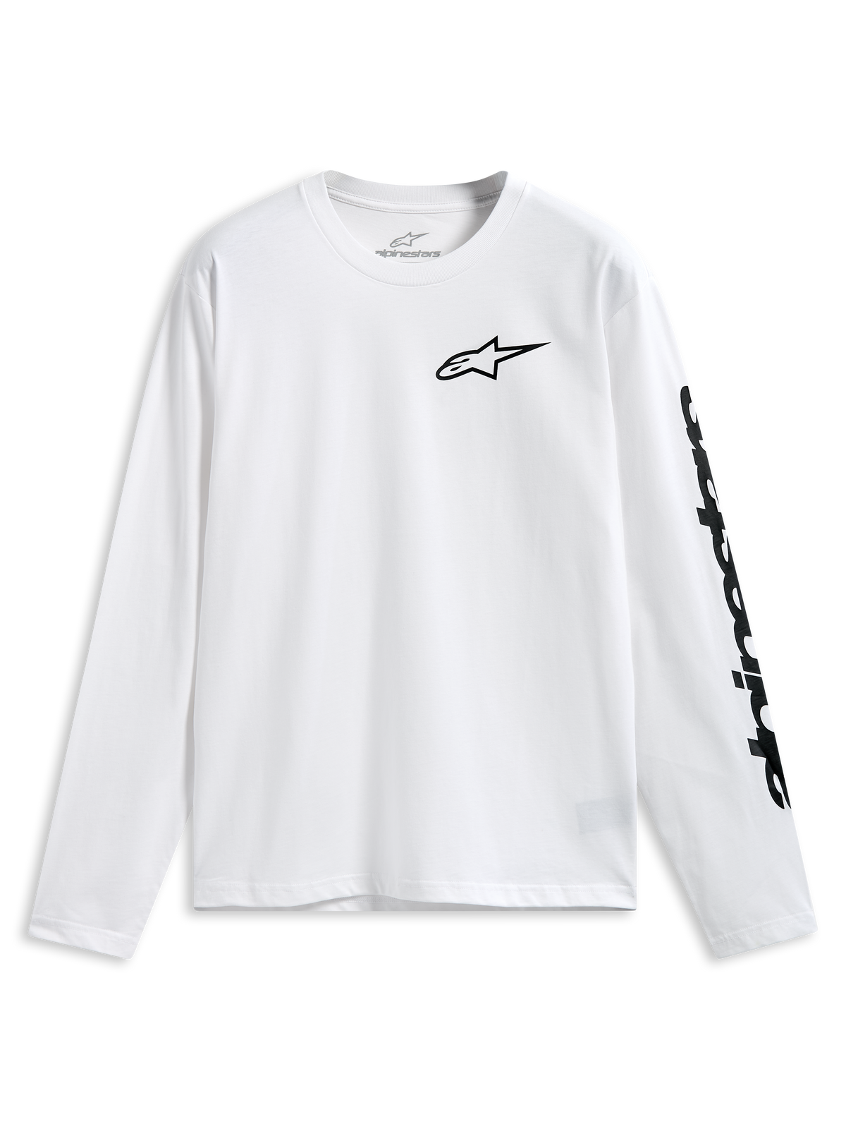 T-shirt Alpinestars Trackside CSF, t-shirt à manches longues, blanc, logo Alpinestars noir sur la poitrine et lettrage sur la manche, sportswear décontracté pour le sport automobile