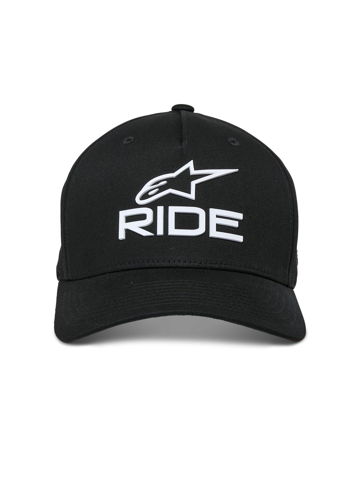 Casquette Alpinestars Ride Sonic, noire, avec logo blanc brodé en 3D comprenant l'étoile Alpinestars et l'inscription « RIDE », visière incurvée, couronne structurée, style urbain décontracté inspiré du sport automobile