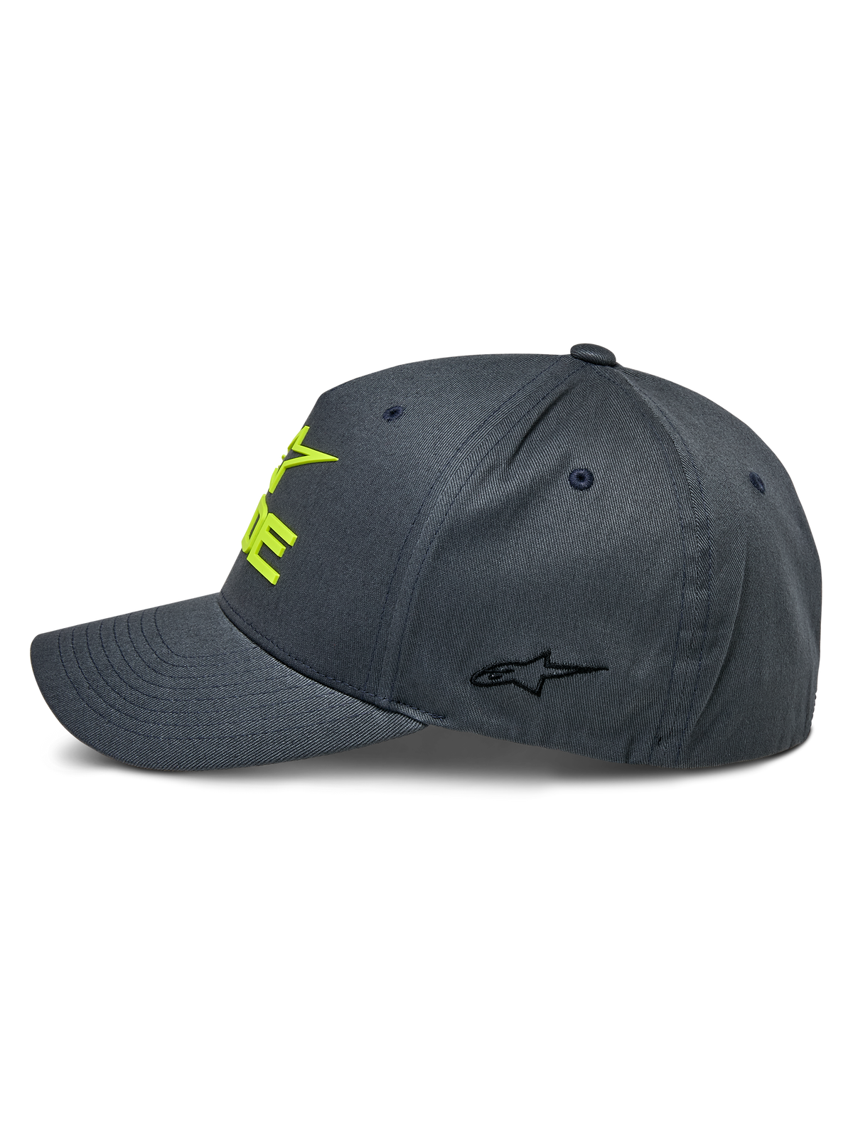 Alpinestars Ride Sonic Hat, Charcoal and Hi-Vis Yellow, side profile view showing curved bill and structured crown, 3D embroidered yellow logo on front and small black star logo on side panel, casual motorsport headwear