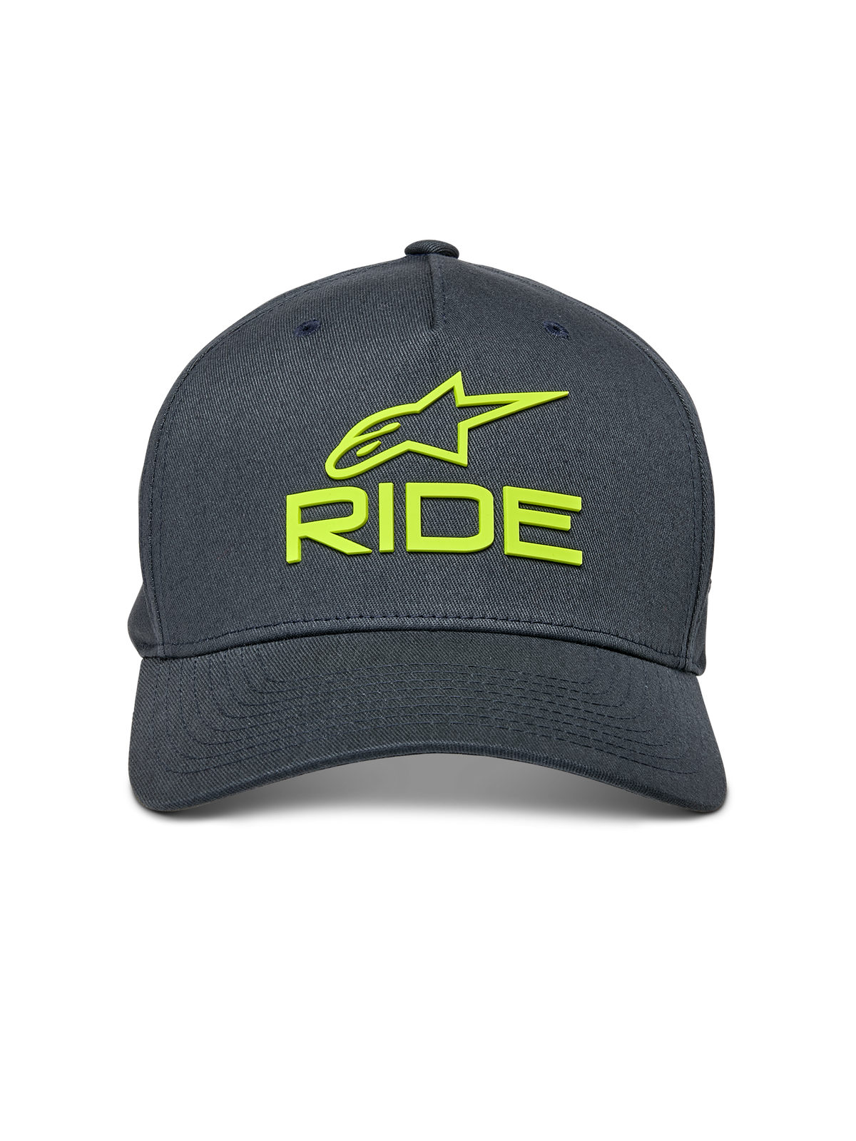 Alpinestars Ride Sonic Hat, Charcoal Grey with Hi-Vis Yellow, 3D embroidered Alpinestars logo and RIDE text, curved bill, structured crown, casual motorsport-inspired headwear