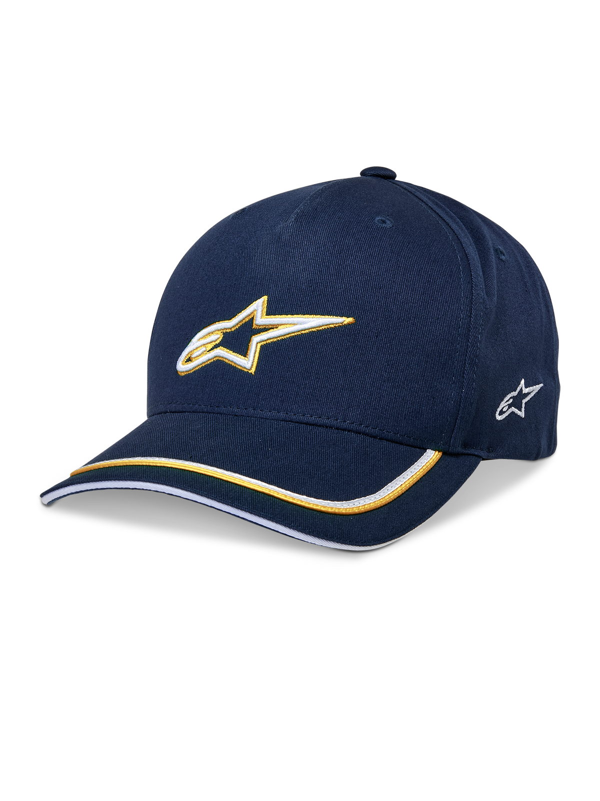 Casquette Snapback Alpinestars Ascension, casquette de baseball, bleu marine et or, logo Astars brodé en 3D, visière courbée avec rayures jaunes et blanches, couvre-chef motorsport décontracté