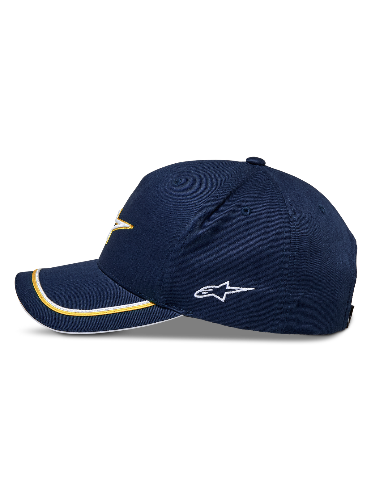 Casquette Snapback Alpinestars Ascension, bleu marine et or, vue de profil avec visière courbée et double passepoil sutache or et blanc, logo latéral brodé, style sportswear décontracté