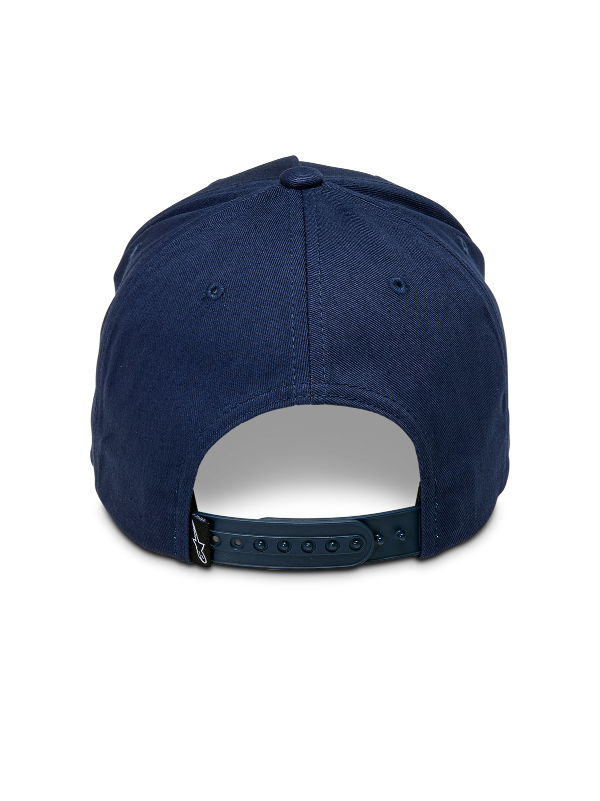 Casquette Snapback Ascension Alpinestars, bleu marine, vue arrière montrant la fermeture à pression réglable et la couronne structurée, petite étiquette noire avec logo Astars, style streetwear décontracté