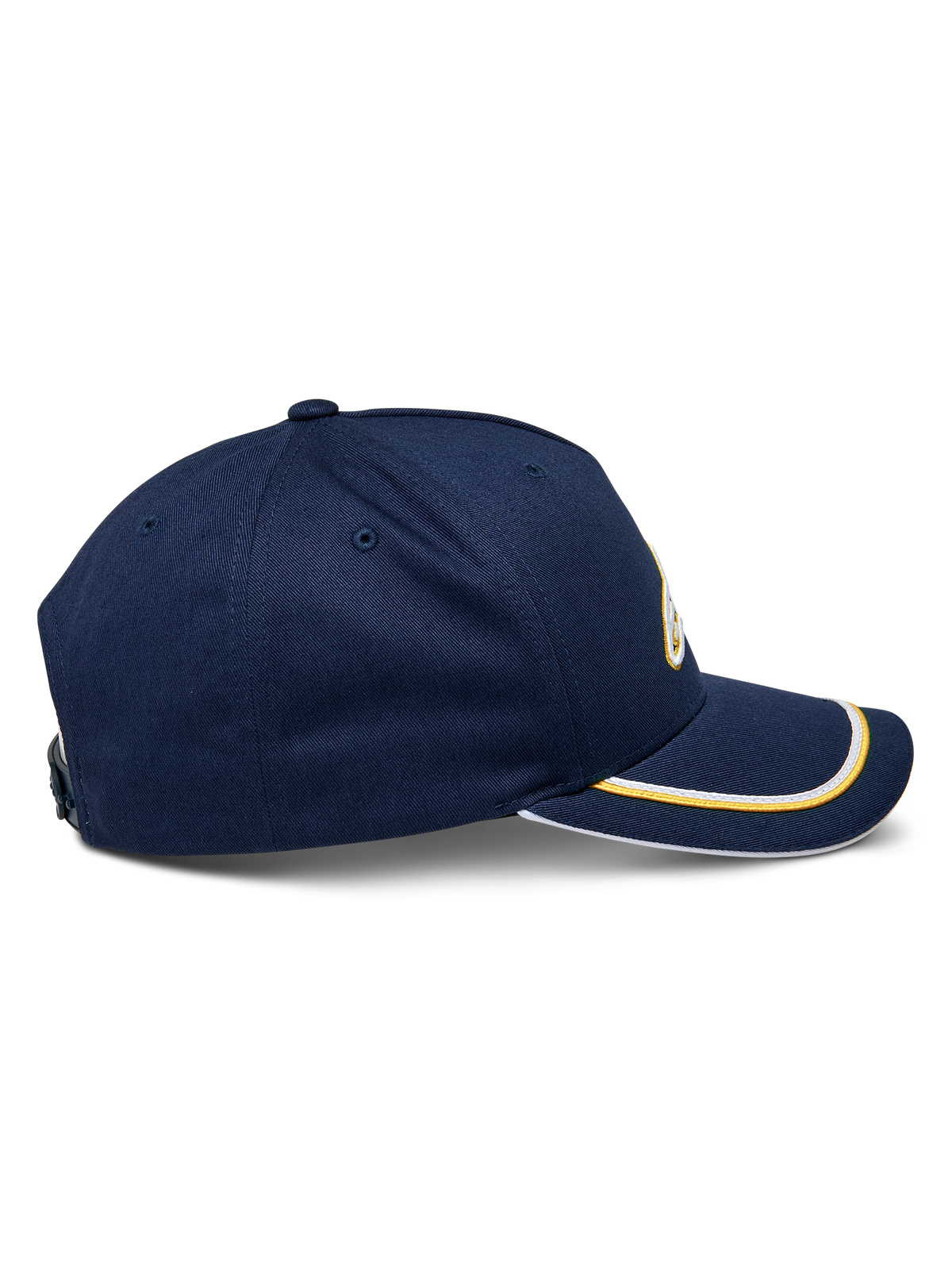 Casquette Snapback Ascension Alpinestars, vue de côté, bleu marine avec double passepoil sutache doré et blanc sur la visière courbée, couronne structurée, accessoire casual motorsport