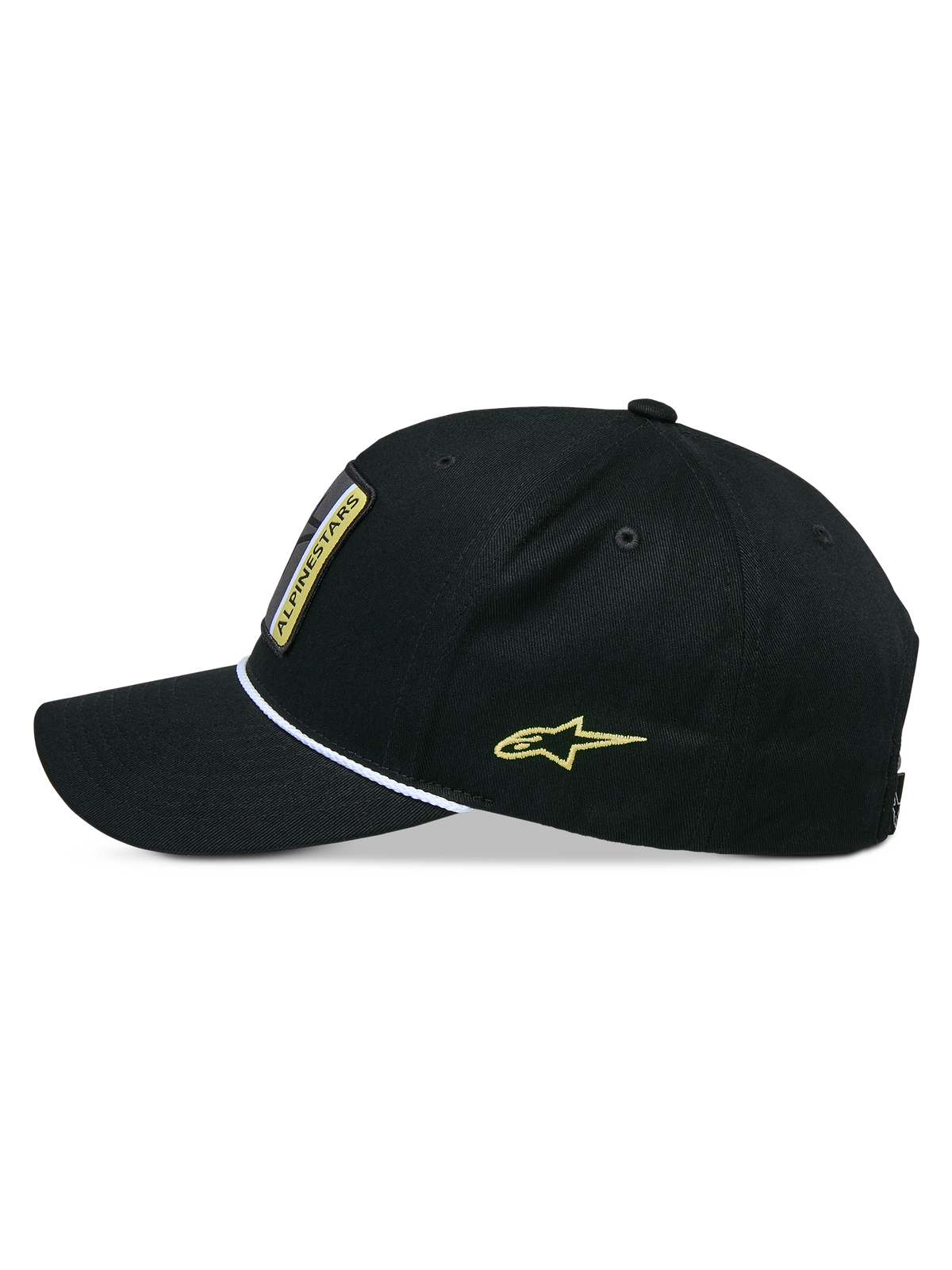 Alpinestars Specific Snapback Hat, Snapback Hat, Black, side profile view featuring curved bill with white braided rope trim, yellow Astars logo embroidery on the side, structured crown, casual headwear