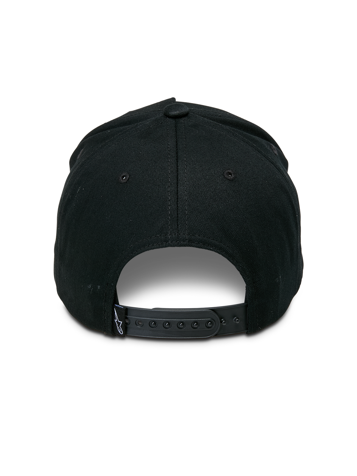 Alpinestars Specific Snapback Hat, Black, rear view featuring an adjustable plastic snap-back closure and a small white Astars logo on the back tag, structured crown, casual motorsport headwear
