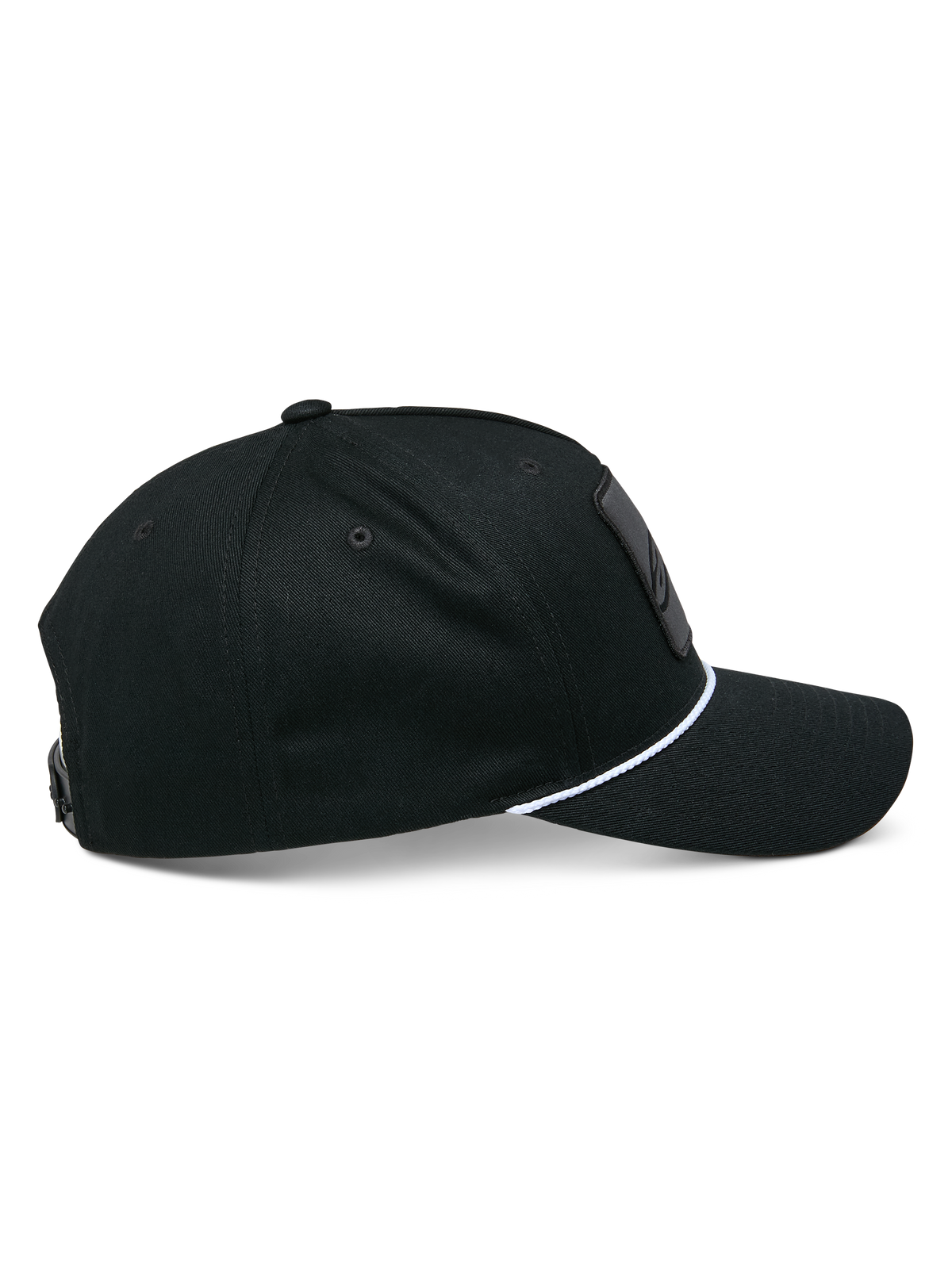 Alpinestars Specific Snapback Hat, Black, side profile view showing curved bill with white braided rope trim, structured crown, casual motorsport headwear