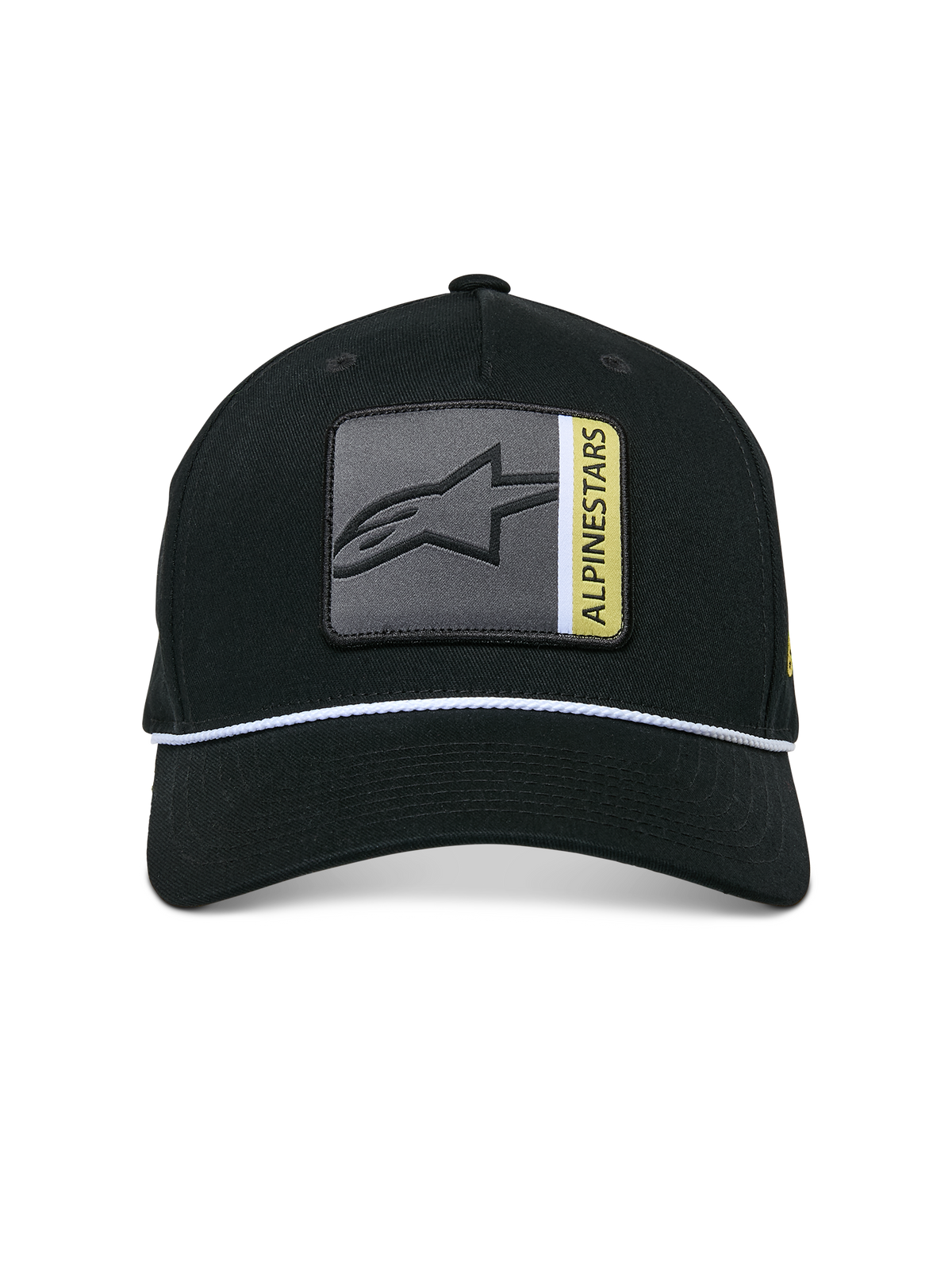 Alpinestars Specific Snapback Hat, Black, front multi-color Astars logo patch with grey and yellow details, white braided rope trim, curved bill, structured crown, casual streetwear