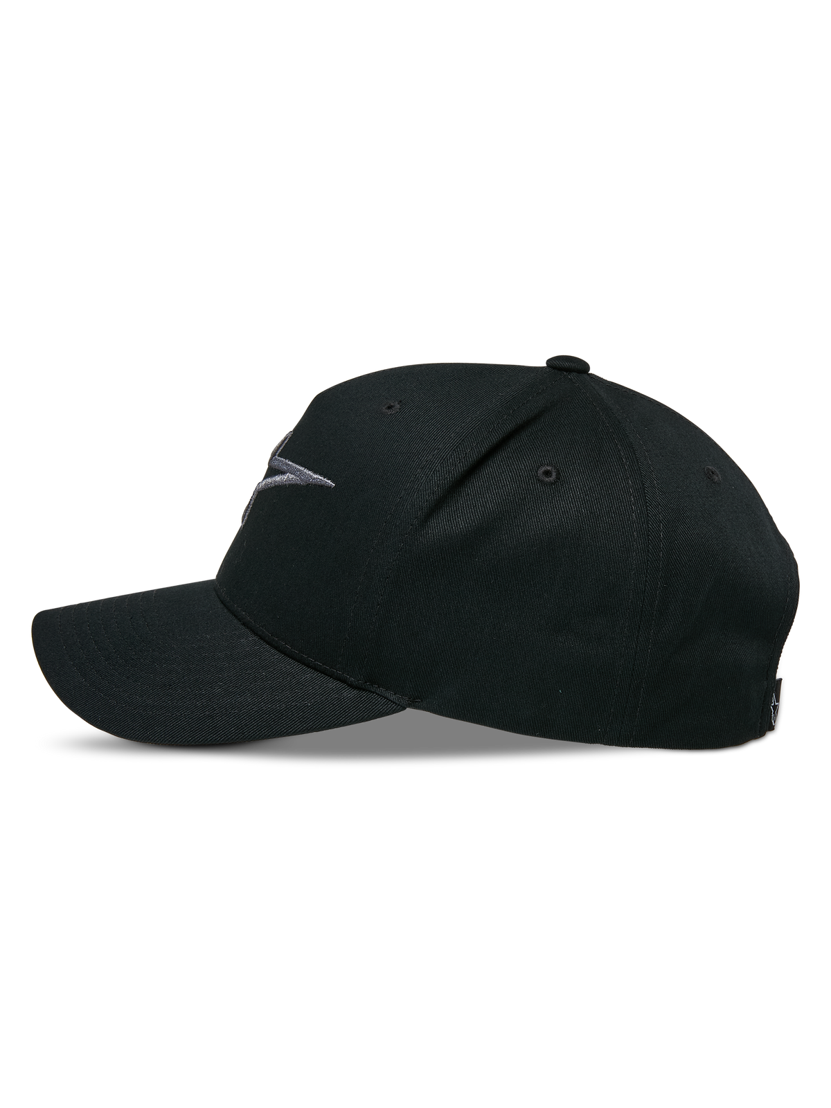 Casquette Snapback Ageless Alpinestars, vue de profil, Noir Charcoal, visière courbée avec couronne structurée, logo brodé en 3D à l'avant, tissu principal en sergé de coton, couvre-chef décontracté inspiré du sport automobile