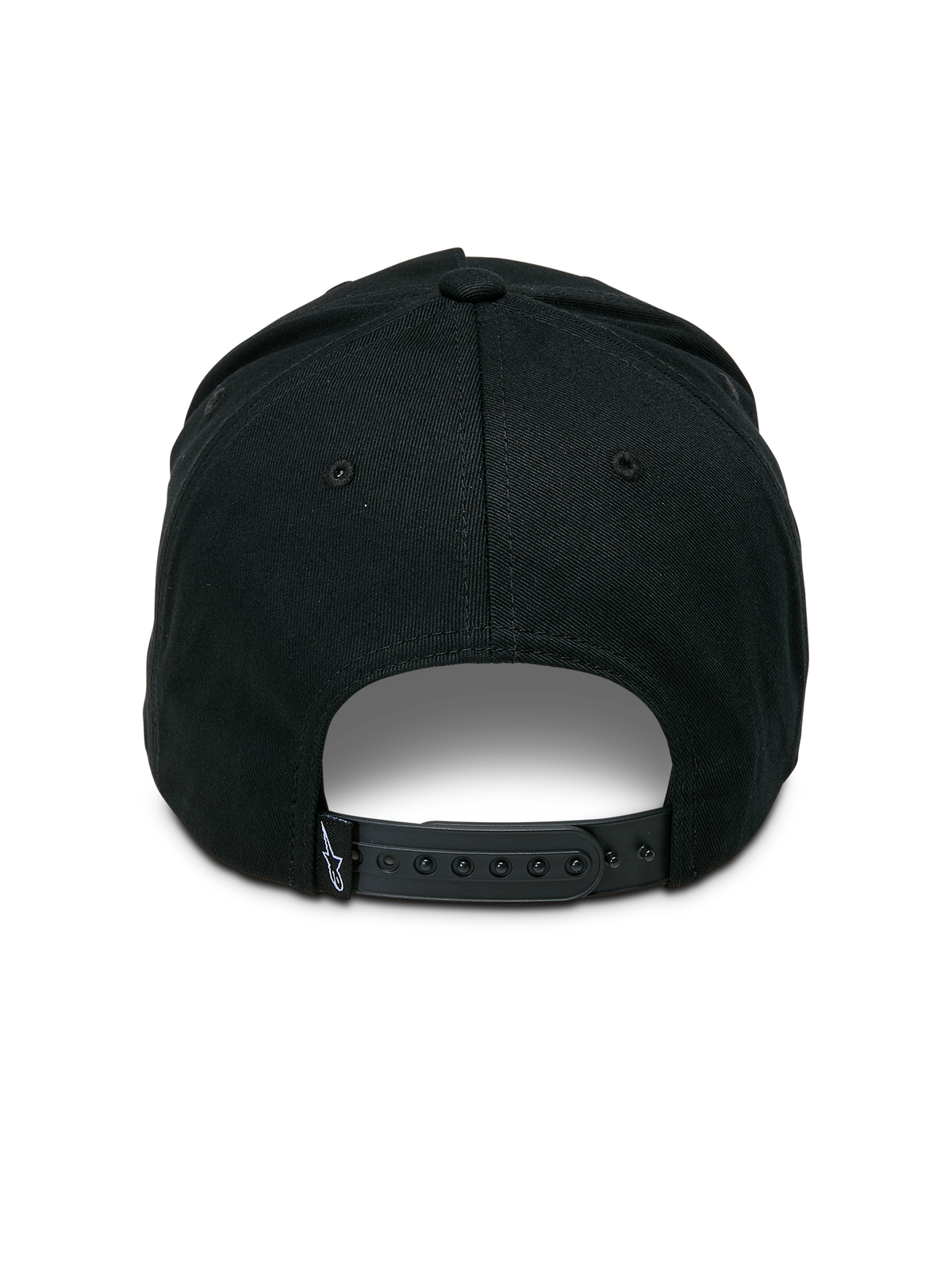 Casquette Snapback Alpinestars Ageless, noire, vue arrière avec fermeture snapback réglable, petite étiquette tissée avec logo étoile, couronne structurée en sergé de coton, couvre-chef décontracté inspiré du sport automobile