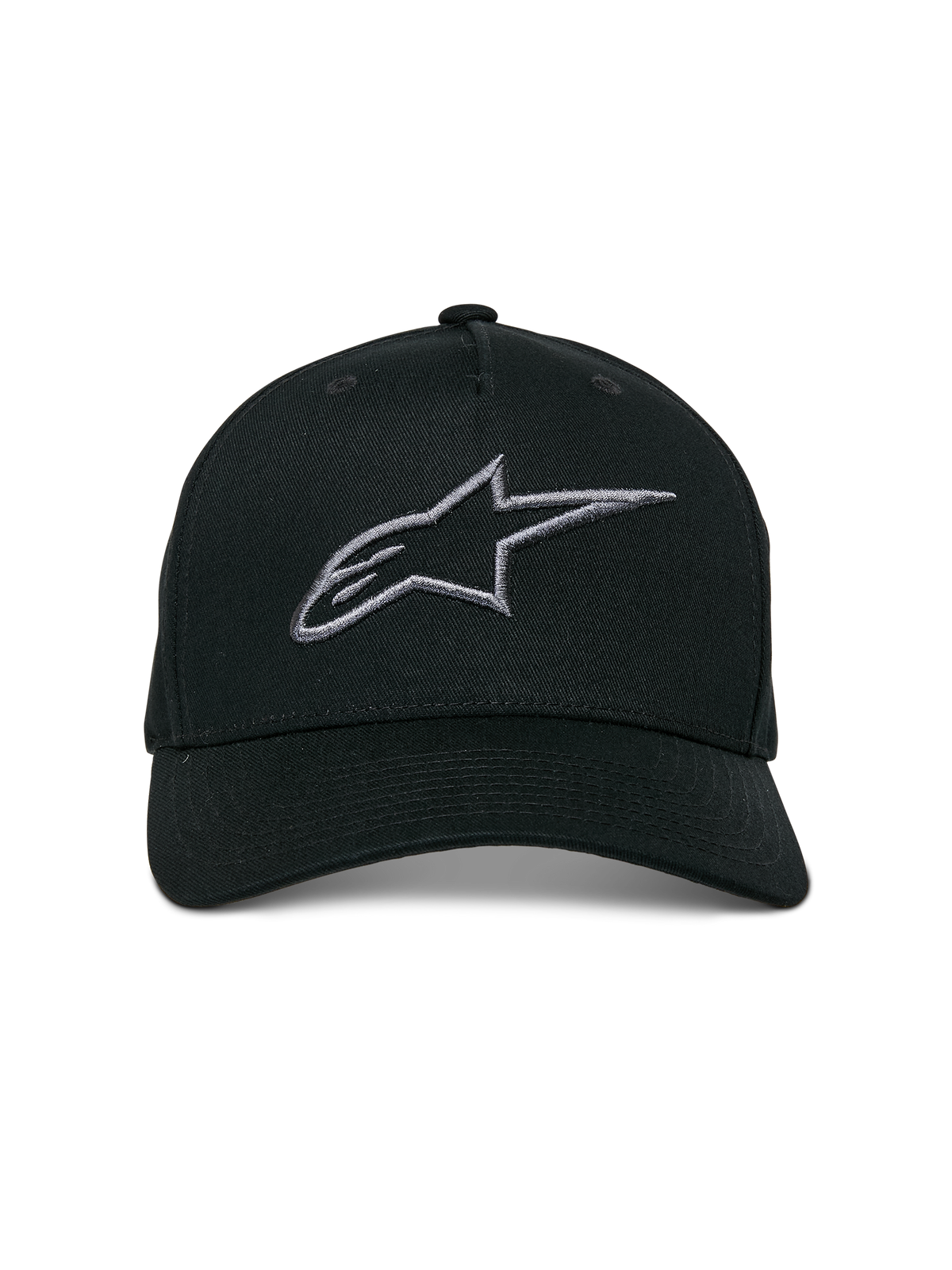Casquette Snapback Alpinestars Ageless, noir et gris anthracite, visière courbée, couronne structurée, logo linéaire brodé en 3D, accessoire décontracté inspiré des sports mécaniques