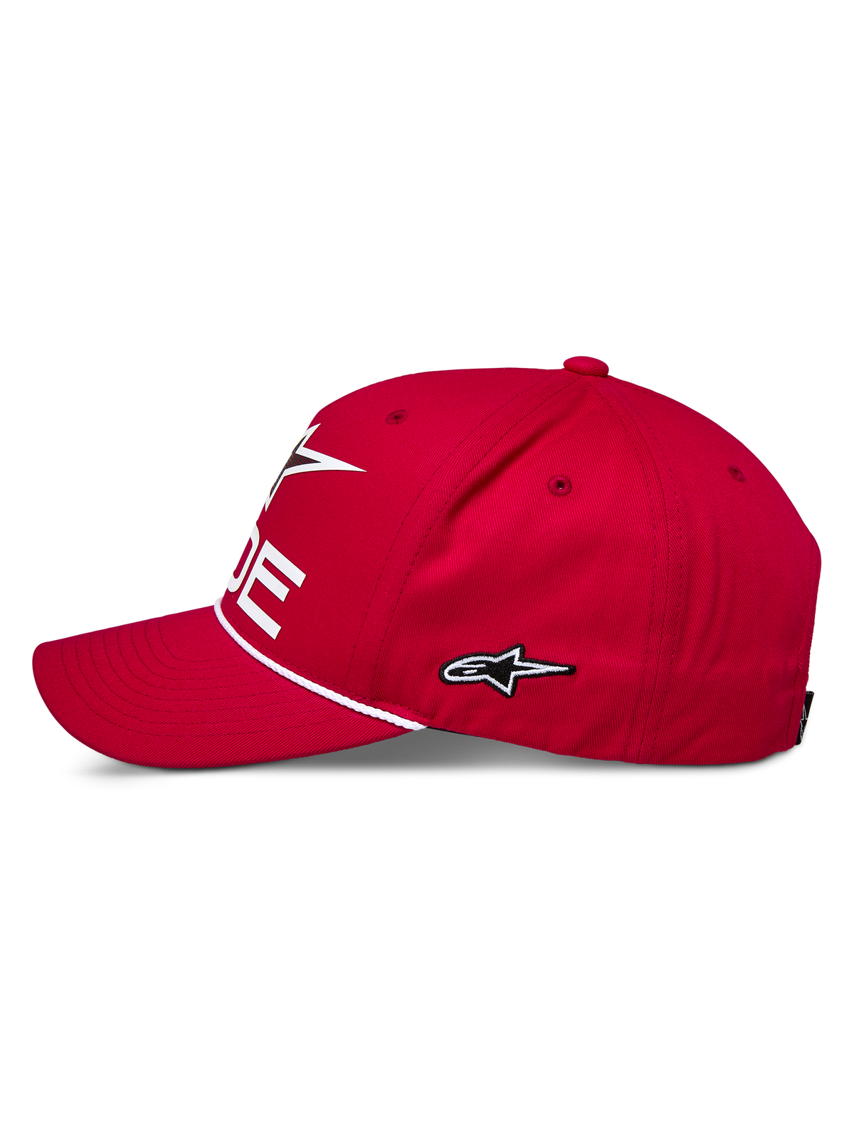 Casquette Snapback Alpinestars Ride Comp, rouge, vue de profil, logo étoile brodé blanc, bordure en corde tressée, visière incurvée, vêtements de sport décontractés motorsport