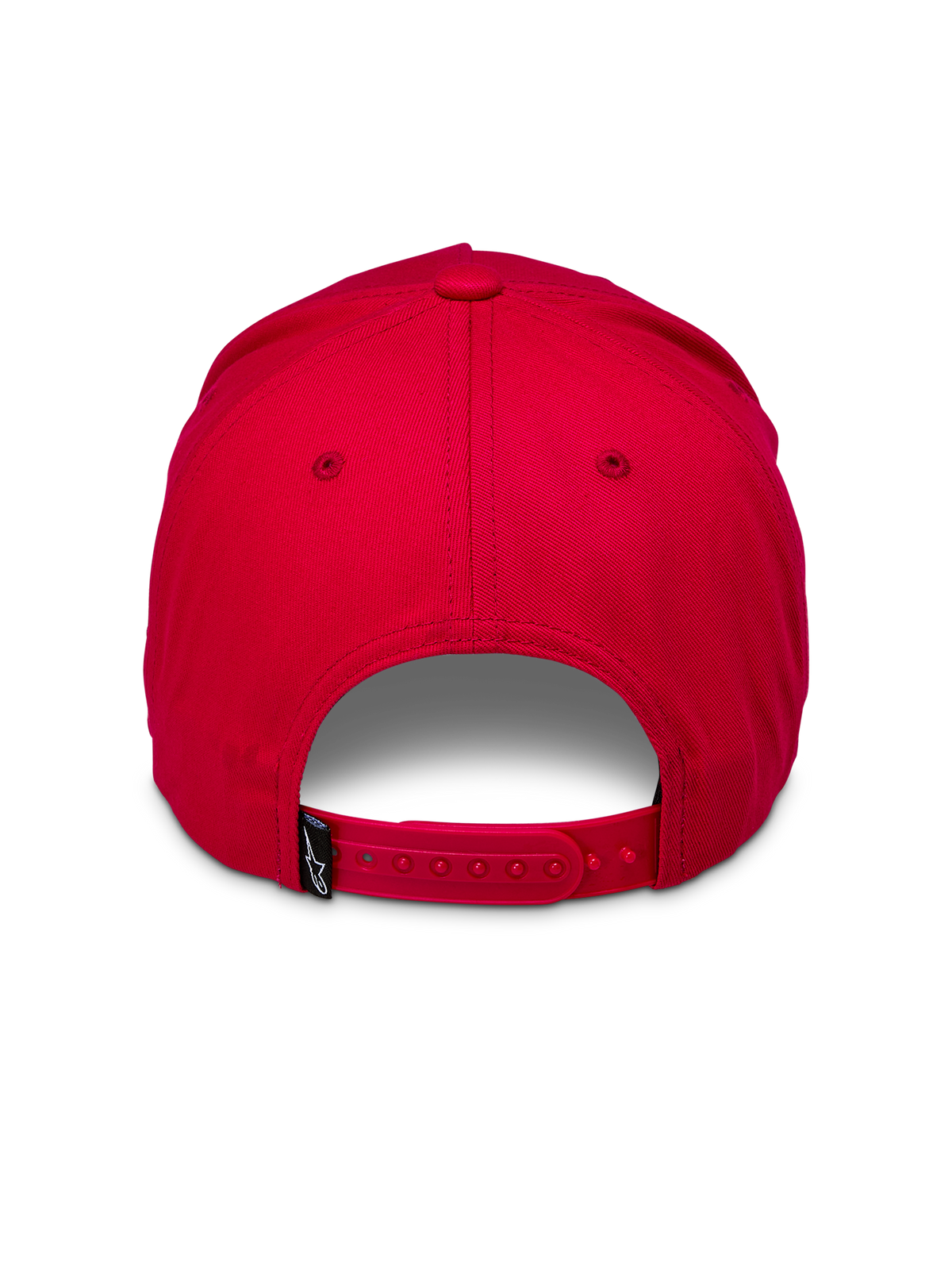 Alpinestars Ride Comp Snapback Hat, rouge, vue arrière avec une fermeture snapback rouge ajustable et une petite étiquette tissée noire avec logo blanc, couronne structurée, couvre-chef décontracté