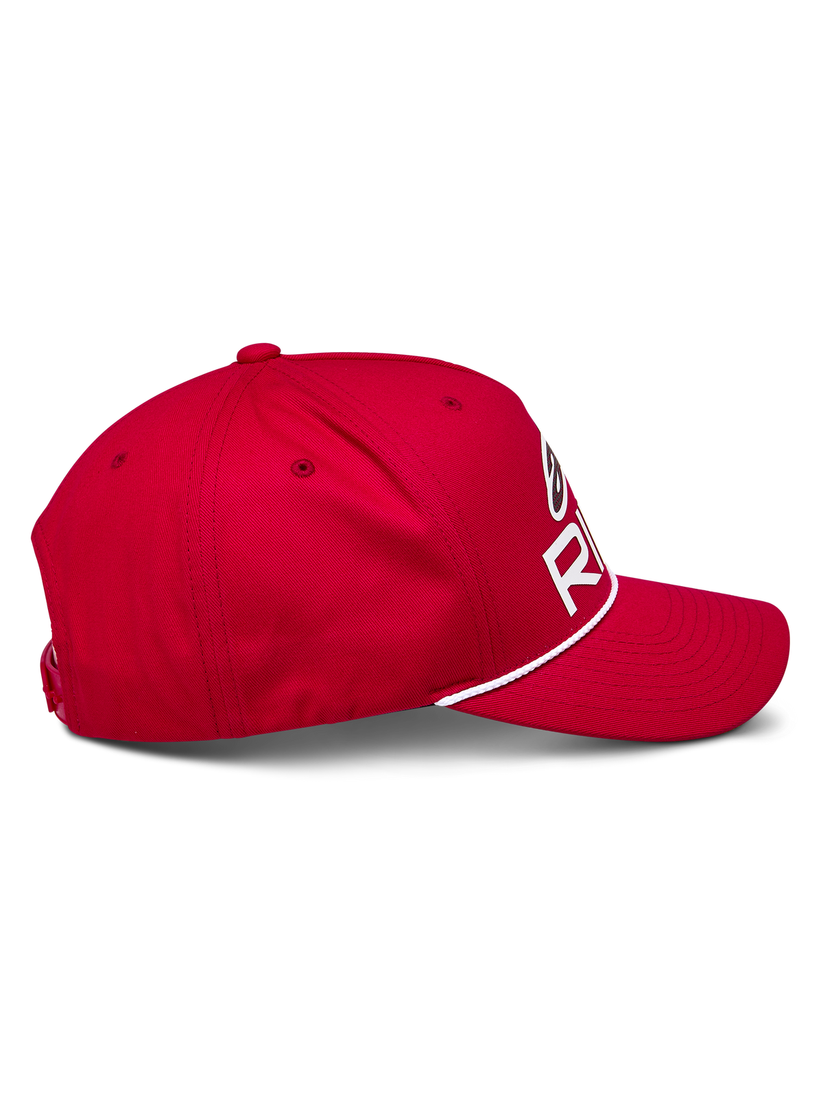 Casquette Snapback Alpinestars Ride Comp, rouge, vue de profil, visière incurvée avec garniture en corde tressée blanche, couronne structurée avec logo Astars Ride blanc, accessoire de sport automobile décontracté