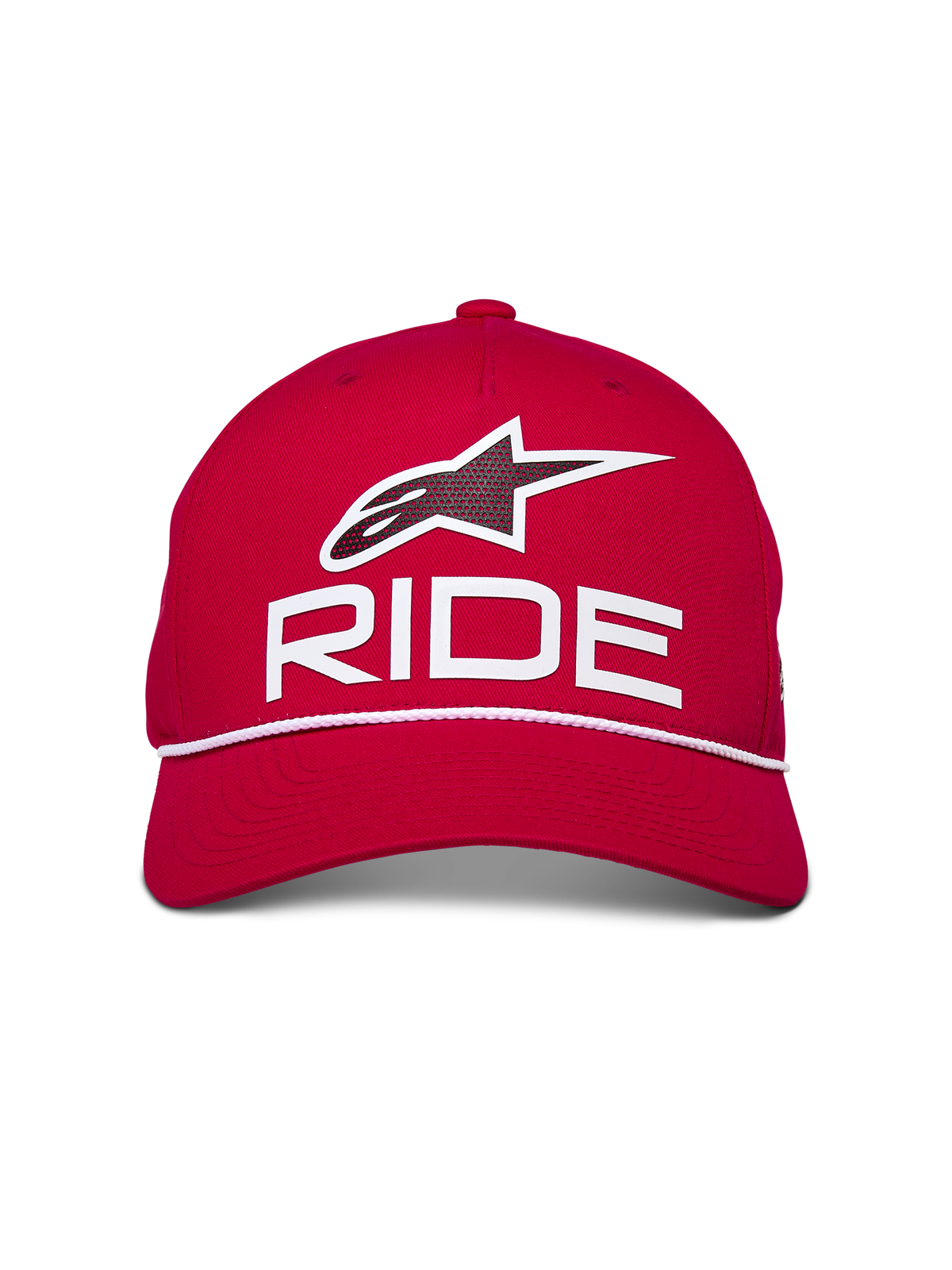 Casquette Snapback Alpinestars Ride Comp, rouge avec détails blancs et noirs, avec logo Astars Ride en impression 3D et garniture en corde tressée blanche, couronne structurée avec visière incurvée, style décontracté inspiré du sport automobile