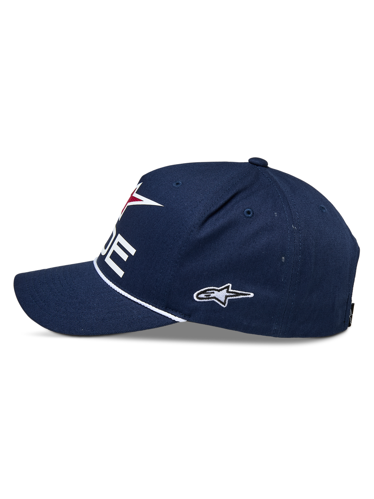 Casquette Snapback Alpinestars Ride Comp, bleu marine, blanc et rouge, vue latérale, couronne structurée avec visière incurvée, garniture en corde tressée blanche, logo latéral brodé, couvre-chef motorsport décontracté