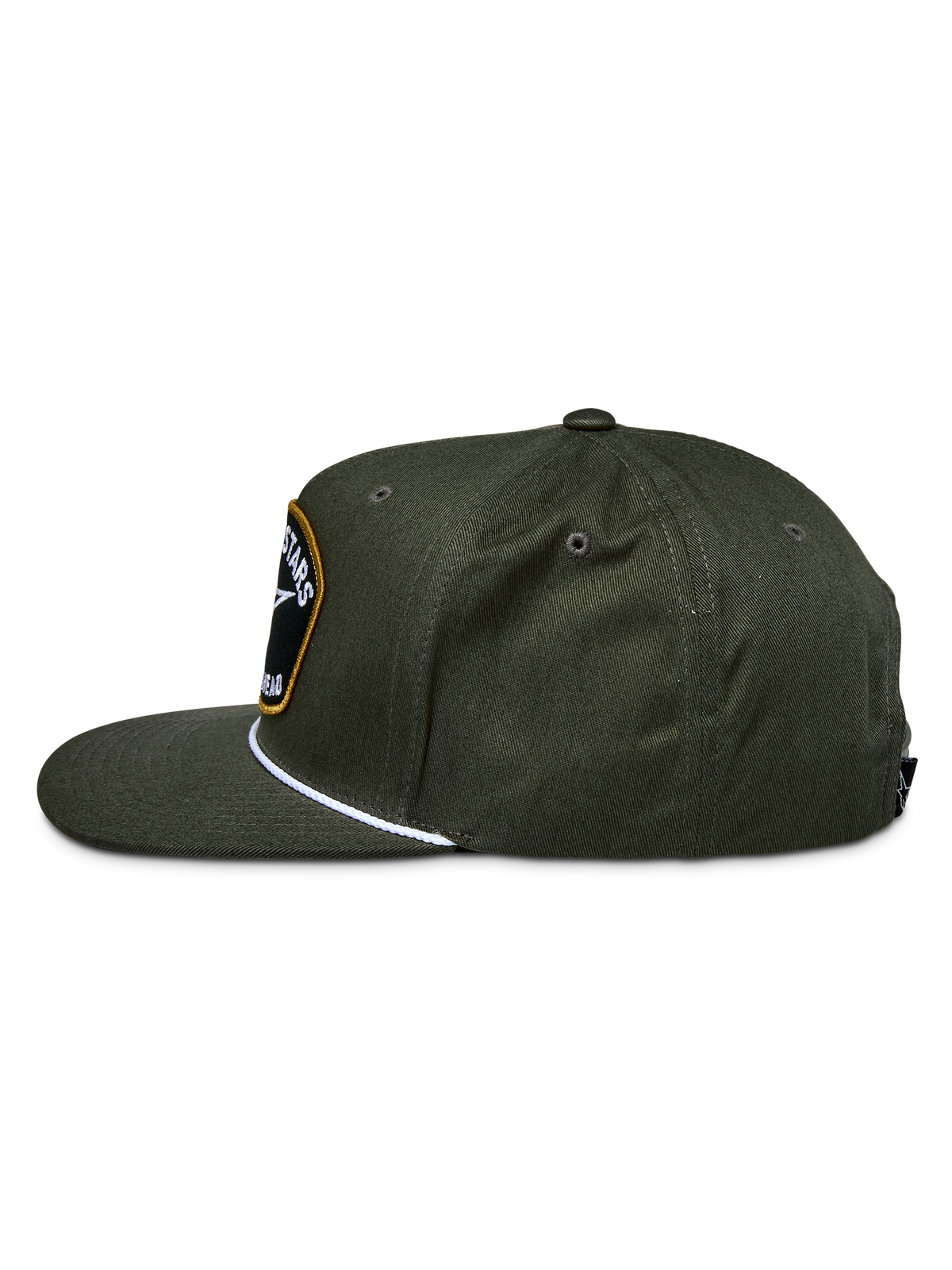 Casquette Snapback Alpinestars Promptus, Vert Militaire, vue de profil montrant la couronne structurée et la visière plate, avec détail de corde tressée blanche et patch logo brodé à l'avant, couvre-chef décontracté en sergé de coton