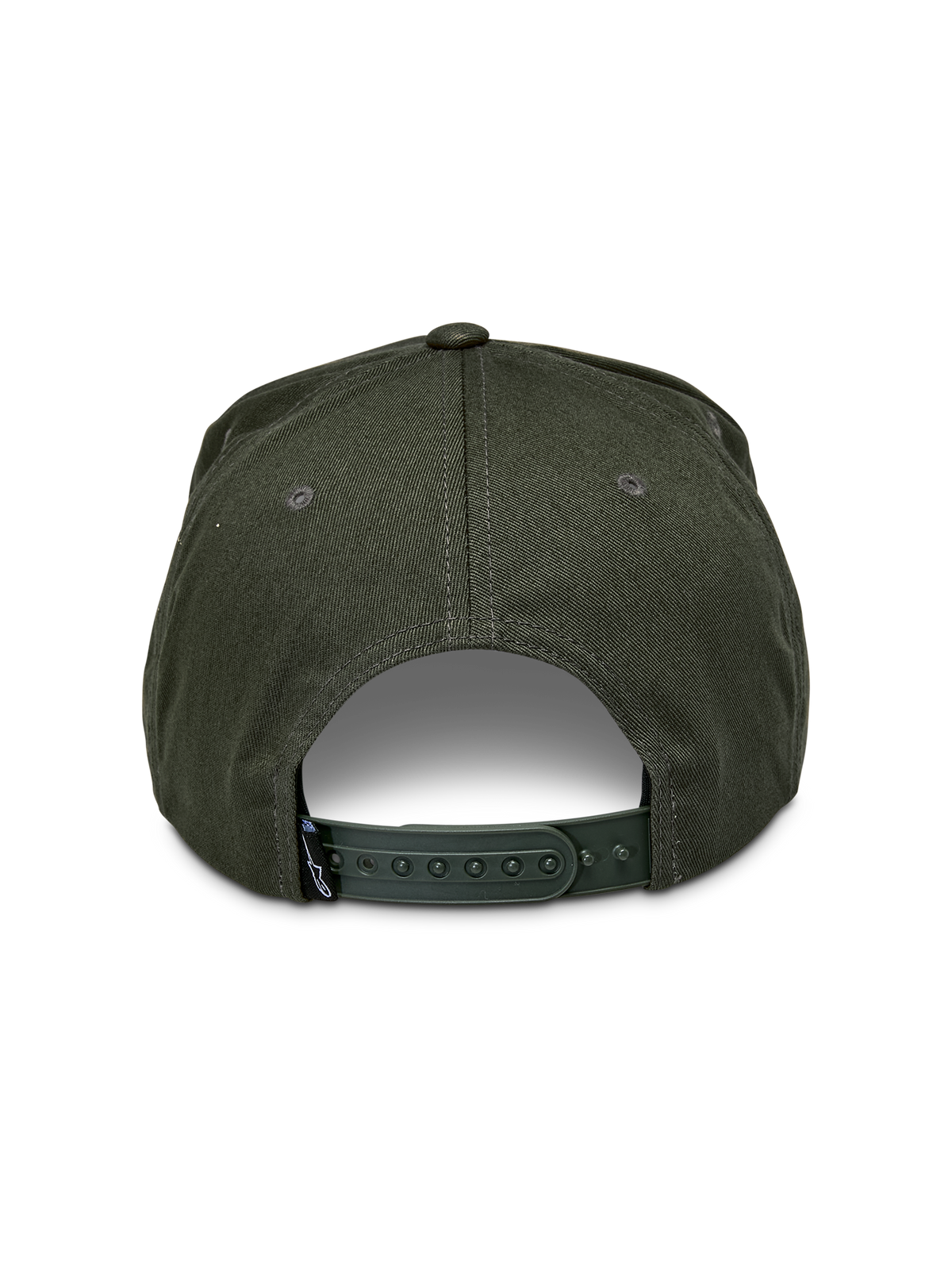 Casquette Snapback Alpinestars Promptus, Vert Militaire, vue arrière avec fermeture snapback réglable et tissu en sergé de coton, petite étiquette noire, style décontracté inspiré du sport automobile