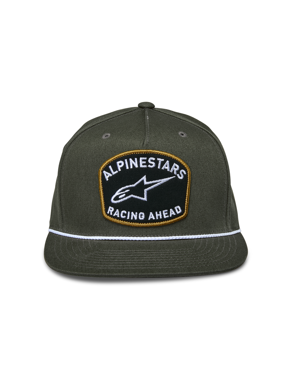 Casquette Snapback Alpinestars Promptus, vert militaire, couronne structurée avec visière plate, grand écusson à l'avant avec broderie blanche 'Alpinestars Racing Ahead' et bordure dorée, détail de corde tressée blanche, accessoire motorsport décontracté
