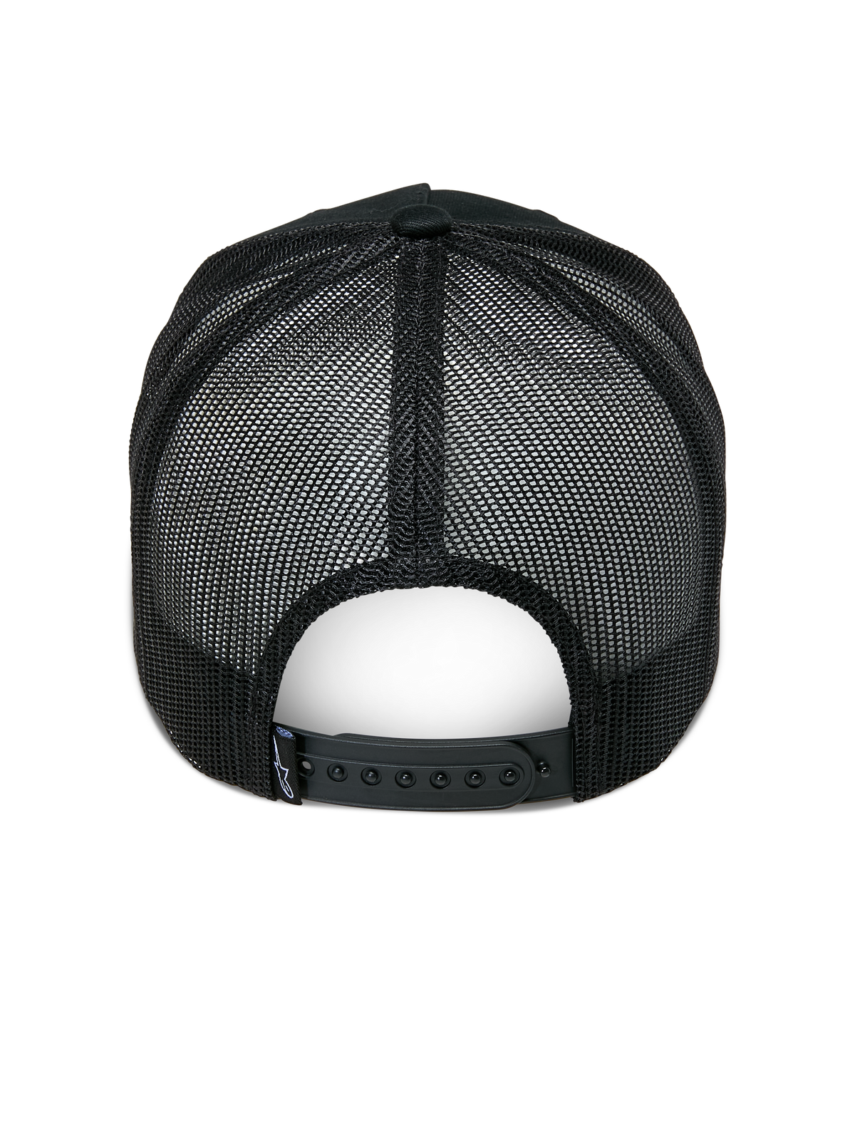 Casquette Trucker Alpinestars Ageless, noire, vue arrière, avec panneaux arrière en maille noire, fermeture snapback réglable et petite étiquette logo Astars à l'arrière, couvre-chef décontracté inspiré du sport automobile