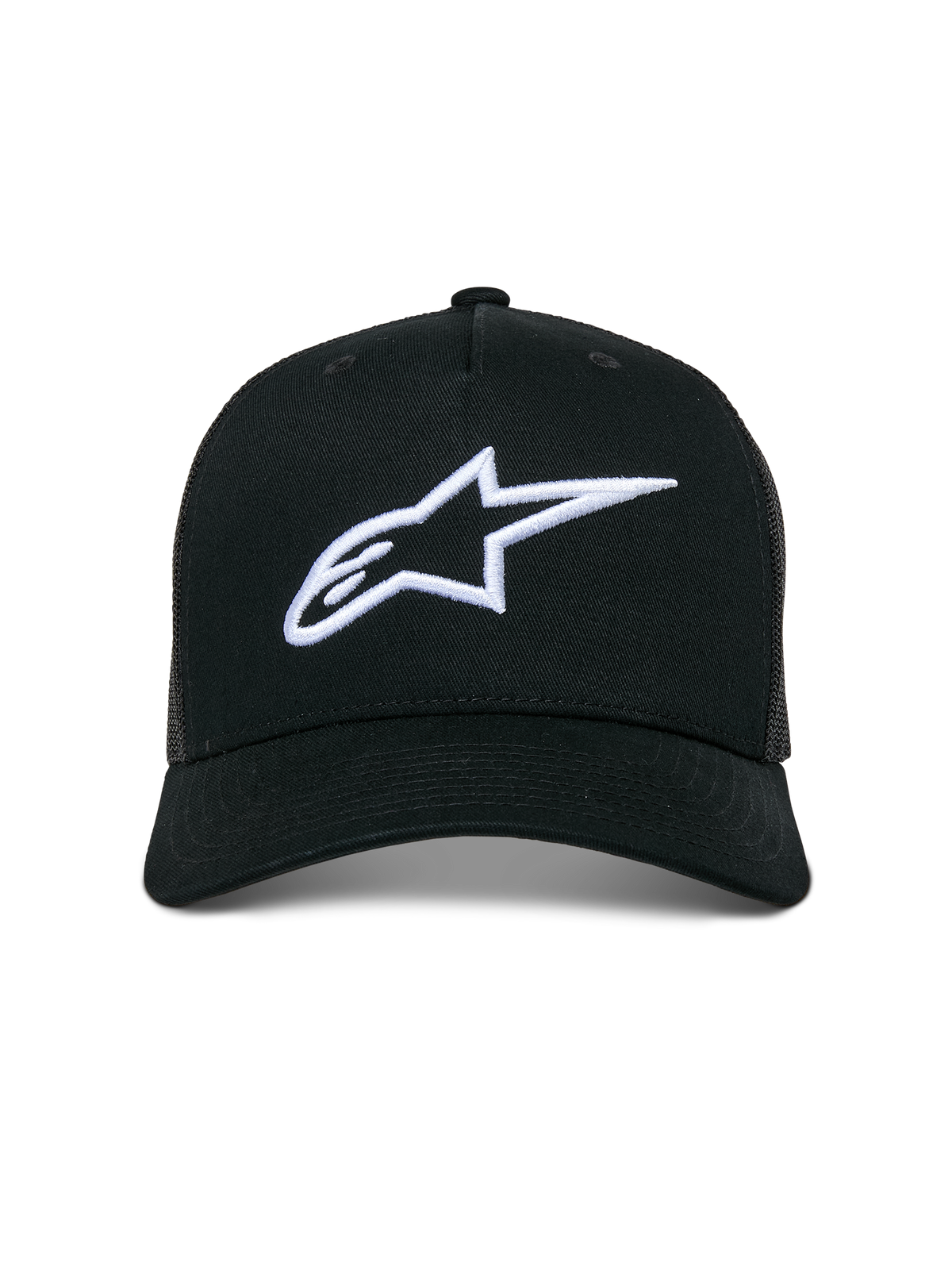 Casquette Trucker Alpinestars Ageless, casquette décontractée de type trucker, noire avec logo Astars blanc brodé en 3D, dotée d'une visière incurvée et de panneaux arrière en maille, streetwear inspiré des sports mécaniques