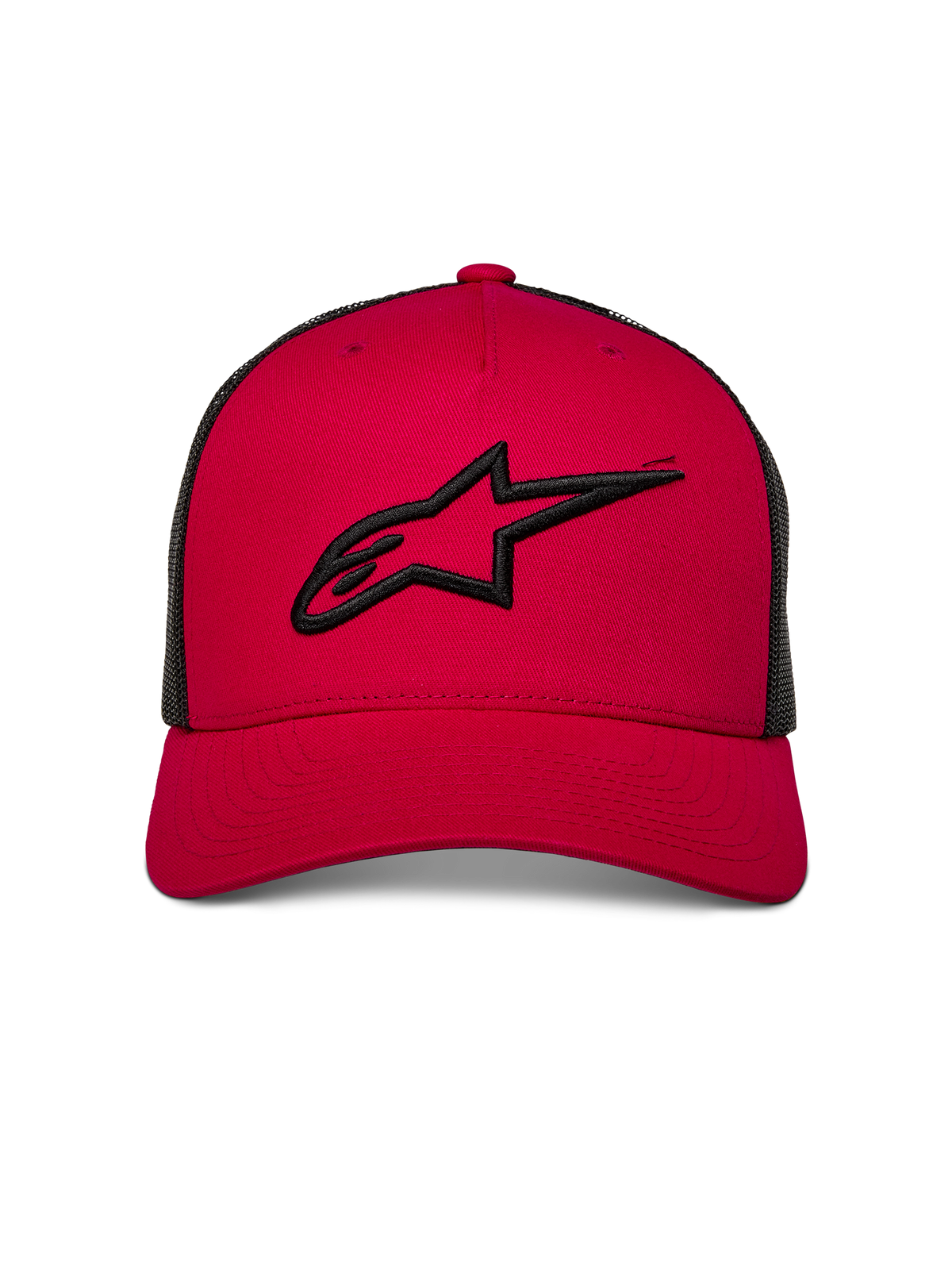 Casquette Trucker Ageless Alpinestars, rouge avec arrière en maille noire, logo Astars brodé en 3D noir à l'avant, visière incurvée, couvre-chef décontracté inspiré des sports mécaniques