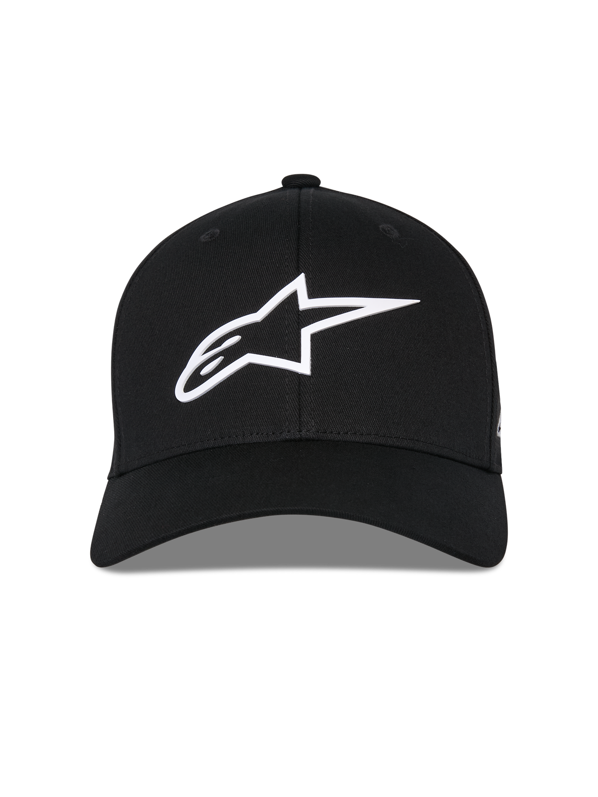 Casquette Alpinestars Ageless Multi, casquette de baseball noire, vue de face, logo Astars blanc en impression 3D, visière incurvée, couronne structurée, vêtement de sport décontracté