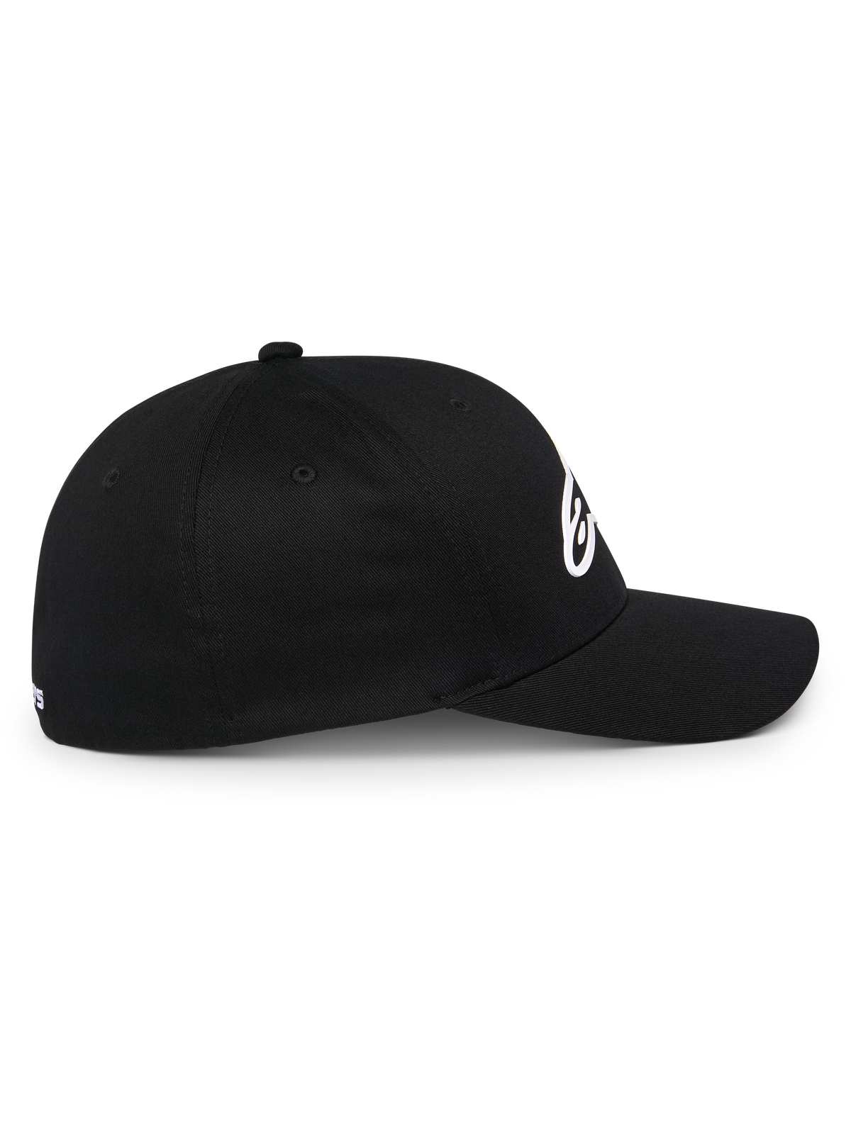 Casquette Alpinestars Ageless Multi, casquette de baseball sportswear noire, vue de profil, visière incurvée et couronne structurée, logo Astars blanc en 3D, style motorsport décontracté