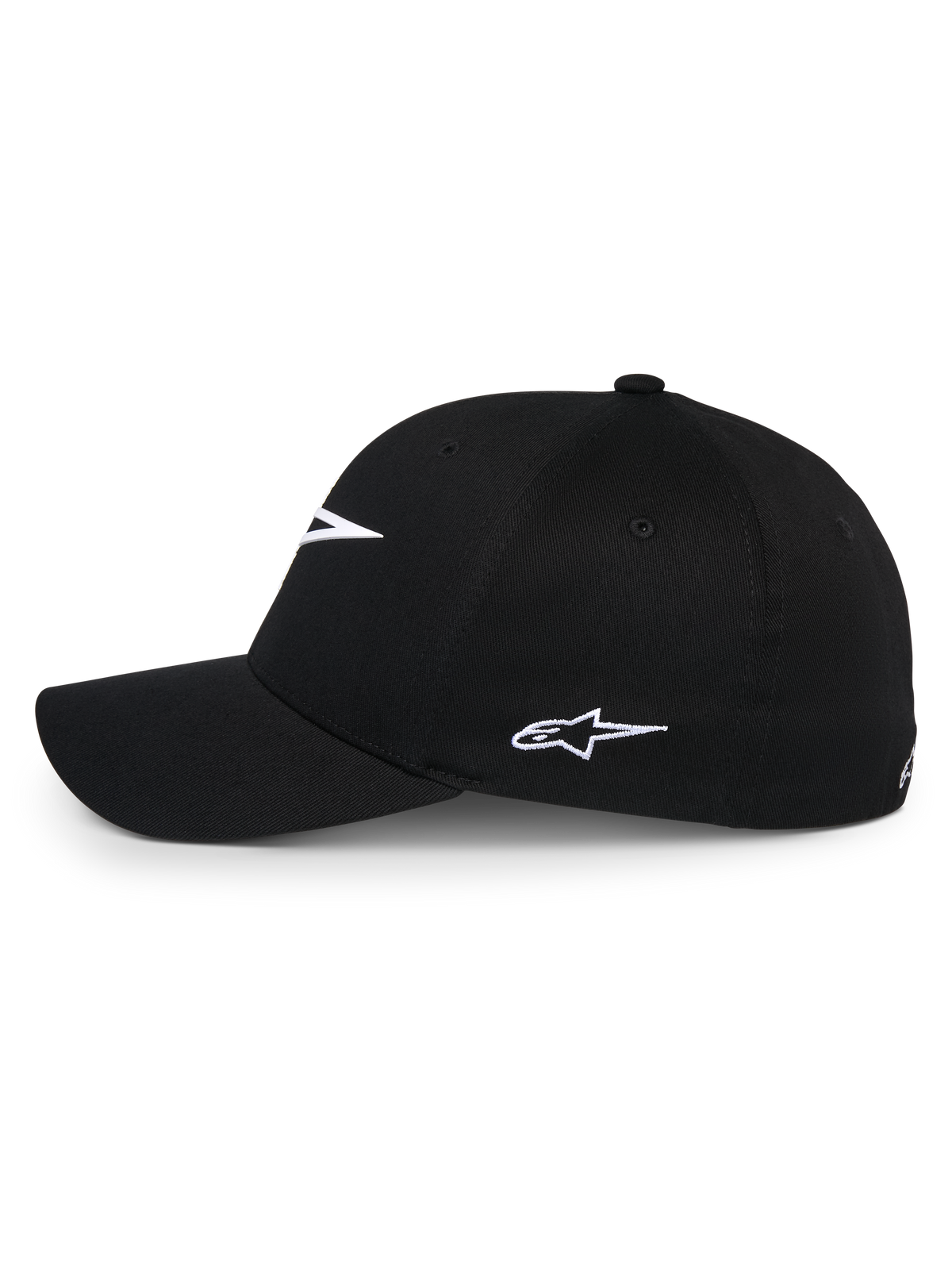 Casquette Alpinestars Ageless Multi, casquette de baseball noire, vue de profil avec logo Astars brodé en blanc, visière incurvée et couronne structurée, style décontracté