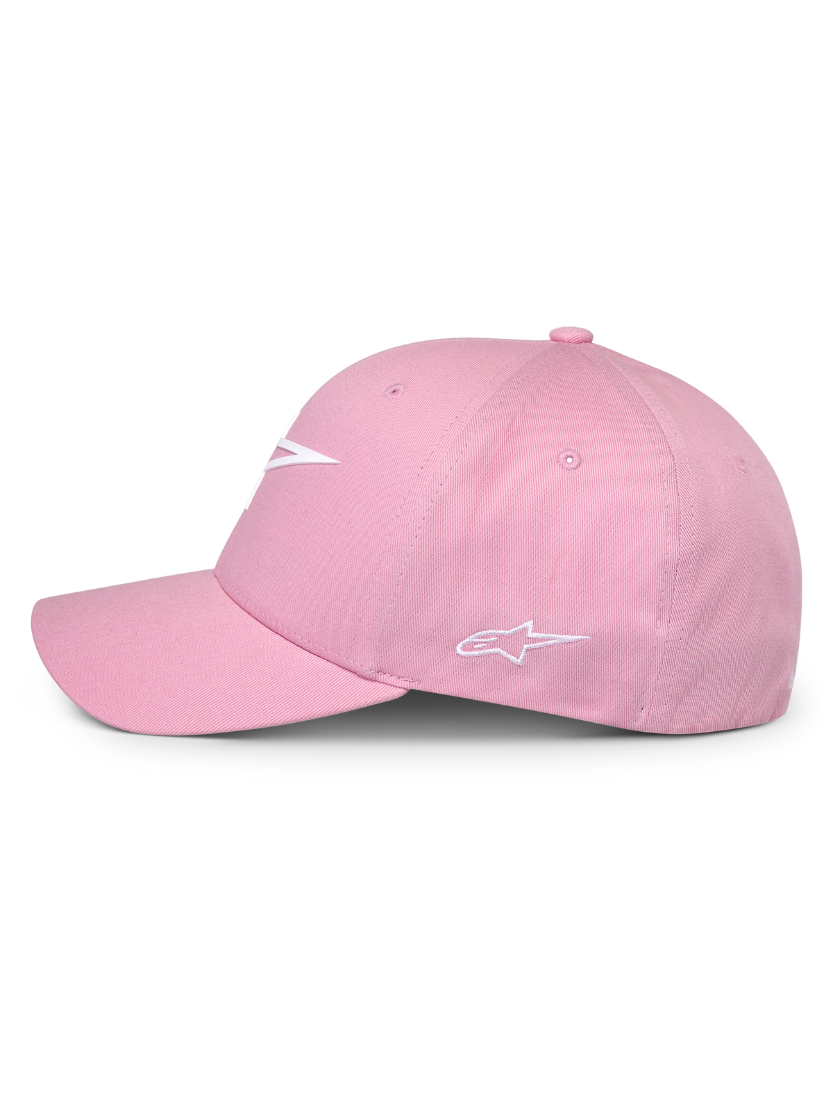 Casquette Alpinestars Ageless Multi, rose, vue de profil, avec logo frontal blanc imprimé en 3D et logo latéral brodé, couronne structurée avec visière incurvée, couvre-chef décontracté inspiré du motorsport