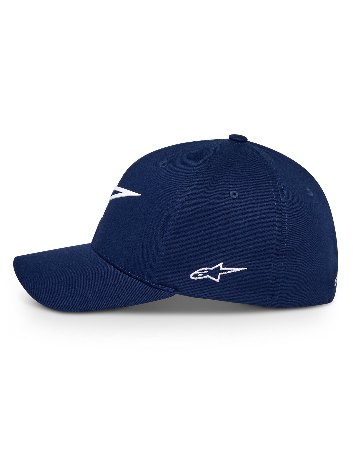 Alpinestars Ageless Multi Hat, Navy Blue, side profile view of a curved bill baseball cap with white embroidered Astars logo, casual sportswear headwear