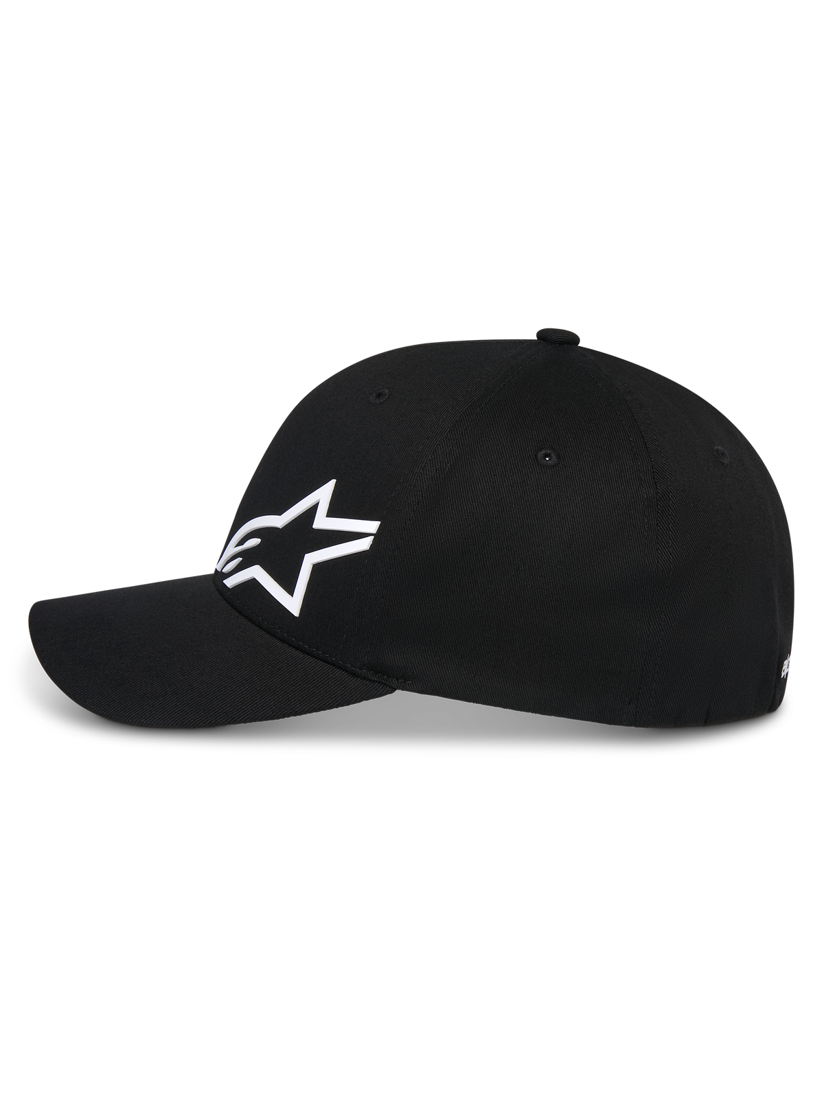 Casquette Alpinestars Corp Shift Multi, casquette de baseball noire, vue de profil, logo Astars blanc en 3D à l'avant, visière courbée, couronne structurée, streetwear décontracté inspiré des sports mécaniques
