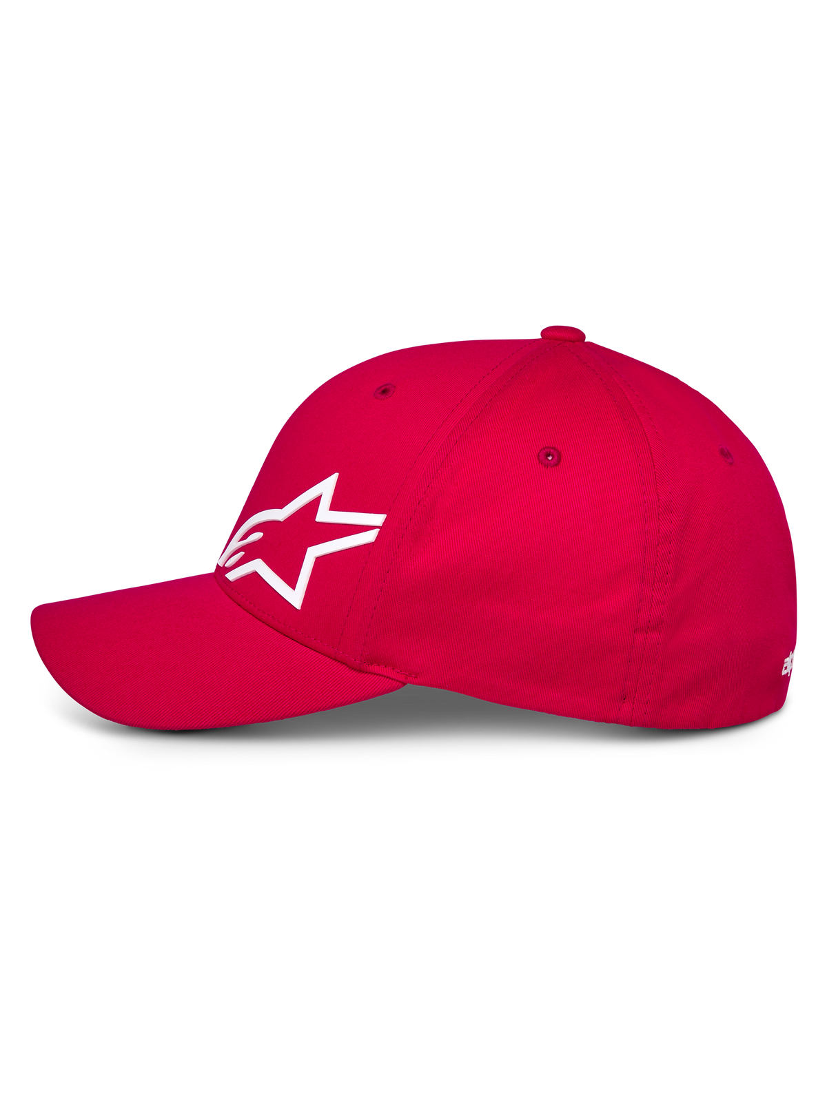 Casquette Alpinestars Corp Shift Multi, casquette de style baseball rouge, vue de profil montrant le logo Astars blanc en impression 3D, visière courbée et couronne structurée, accessoire motorsport décontracté