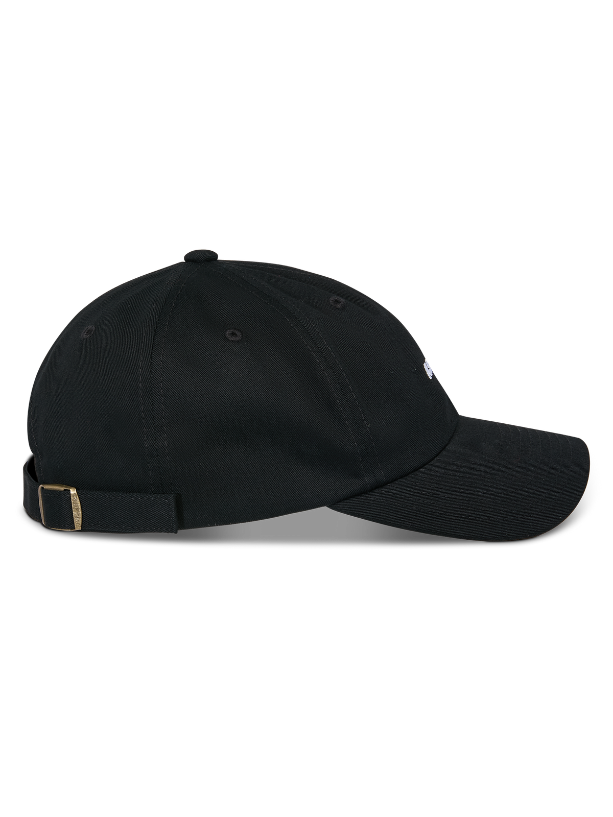 Casquette Alpinestars Deduce Strapback, noire, vue de profil, visière courbée avec couronne basse non structurée, tissu en sergé de coton, fermeture arrière réglable avec boucle métallique, accessoire décontracté inspiré du sport automobile