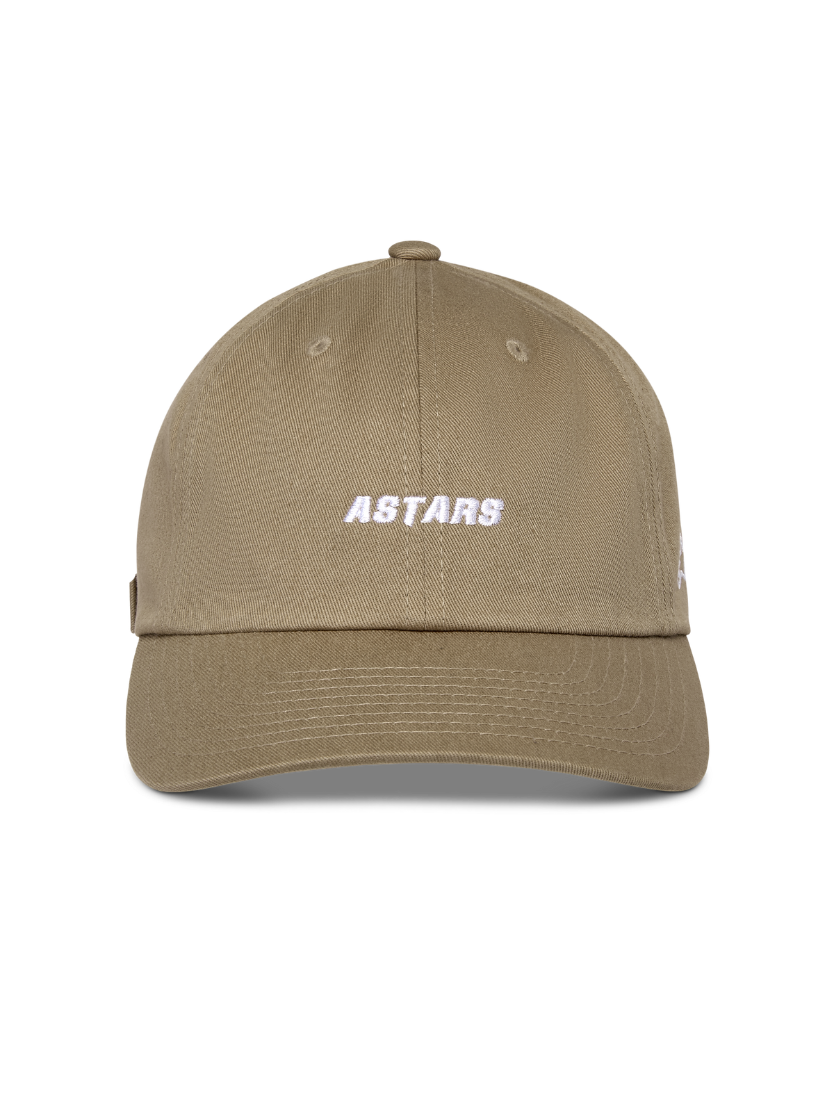 Casquette Alpinestars Deduce Strapback, kaki, couronne basse non structurée avec visière courbée, broderie blanche du mot Astars à l'avant, tissu en sergé de coton, couvre-chef décontracté inspiré du sport automobile