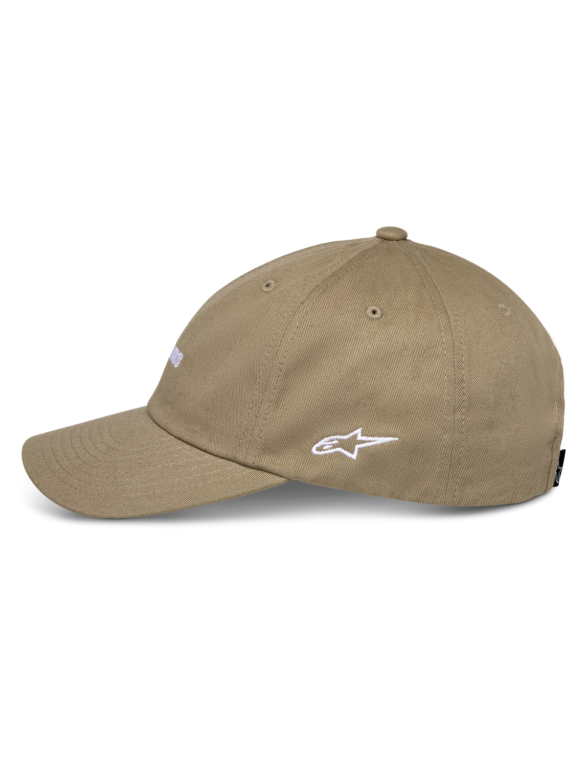 Casquette Alpinestars Deduce Strapback, kaki, vue de profil avec logo Astars blanc brodé, visière courbée, confection en sergé de coton, style streetwear motorsport décontracté