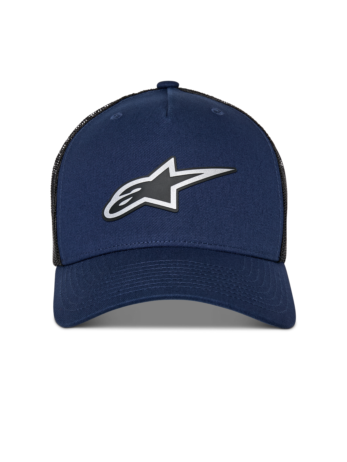 Casquette Trucker Alpinestars Reflect Ageless, bleu marine et maille noire, logo Astars réfléchissant HD à l'avant, visière incurvée, couronne structurée, couvre-chef de sport mécanique décontracté