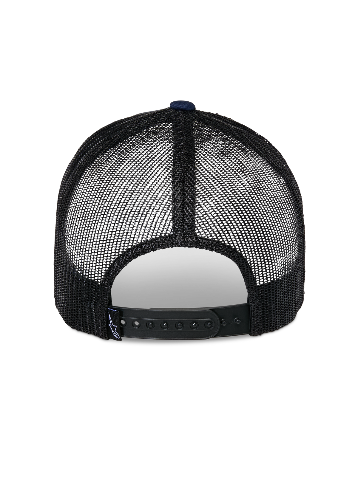 Casquette Trucker Alpinestars Reflect Ageless, vue arrière, bleu marine et noir, avec panneaux en maille noire respirante et fermeture snapback réglable, couvre-chef décontracté pour le sport automobile