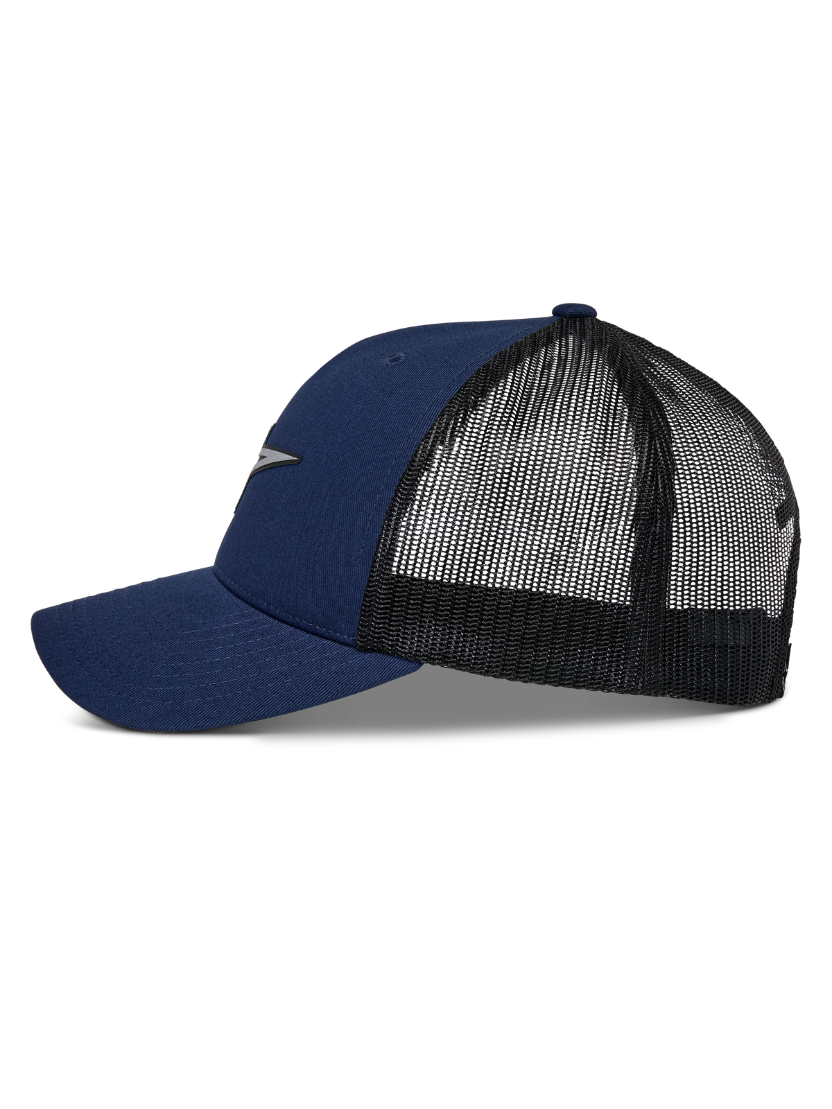 Casquette Trucker Alpinestars Reflect Ageless, bleu marine et noir, profil latéral avec visière incurvée et arrière en maille, logo Astars réfléchissant sur le devant, couvre-chef décontracté pour les sports mécaniques