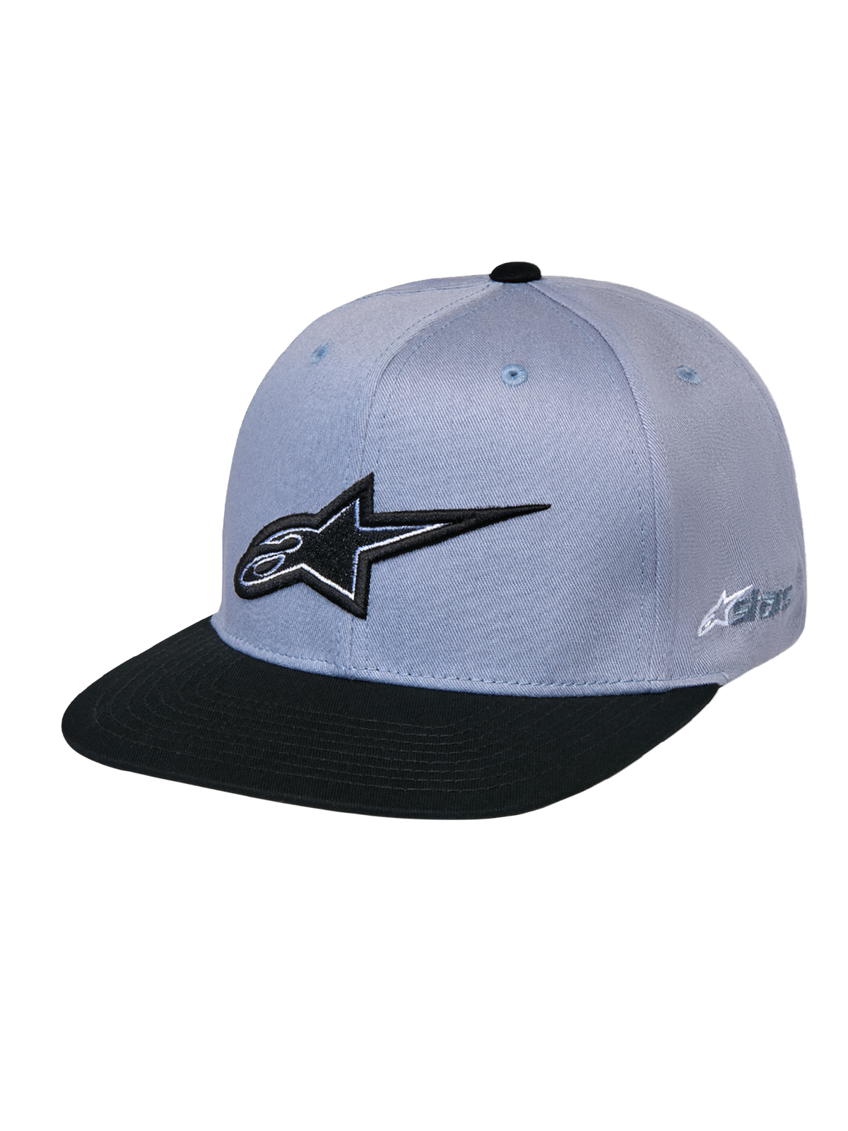 Alpinestars Casquette Snapback Thickness, gris et noir, dotée d'une couronne structurée et d'une visière plate, logo Astars noir brodé en 3D sur le devant, logo sur le côté, accessoire décontracté inspiré des sports mécaniques