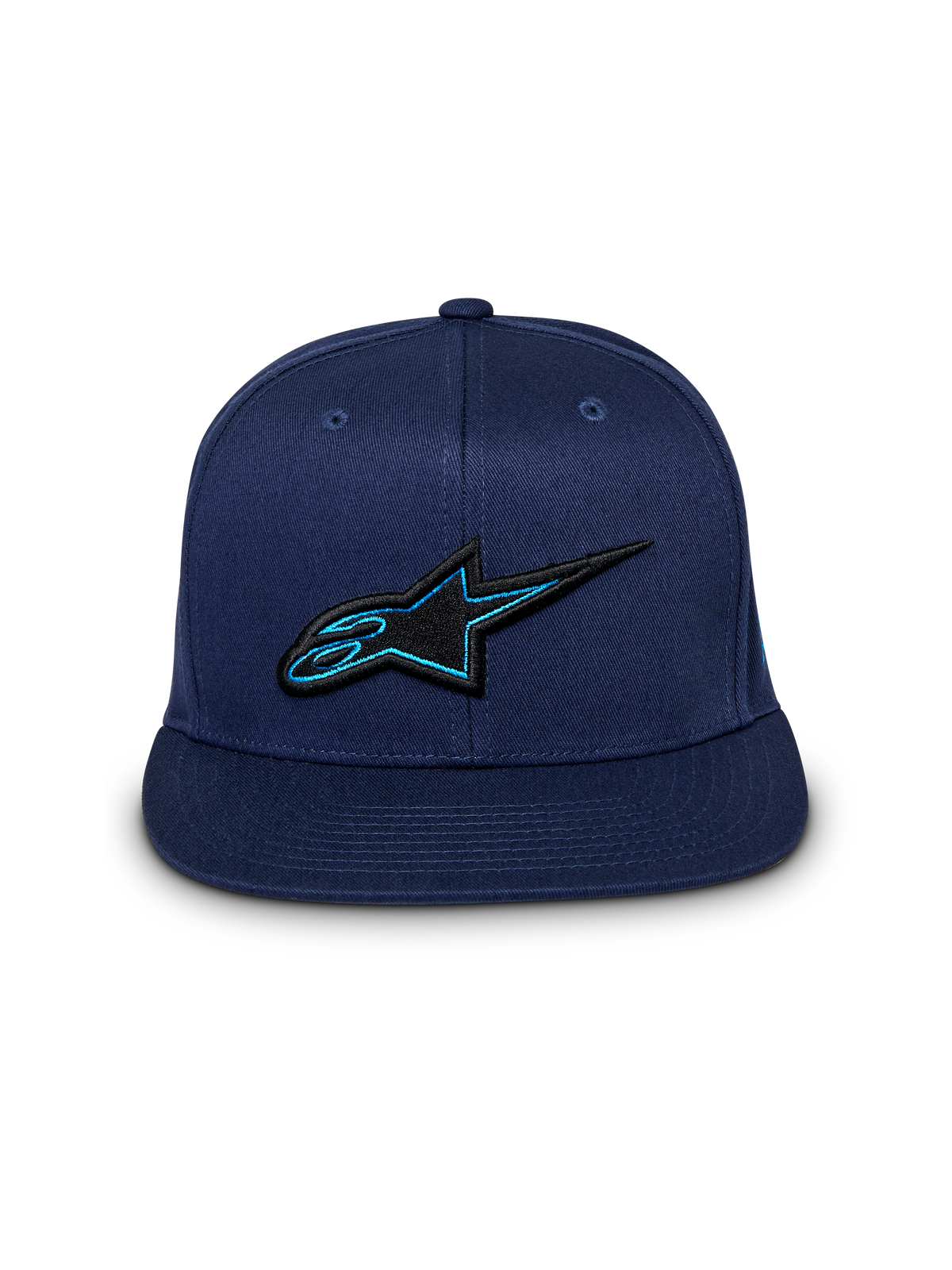 Casquette Snapback Thickness Alpinestars, casquette bleu marine, vue de face, logo Astars brodé en 3D noir et bleu, visière plate, style streetwear motorsport décontracté