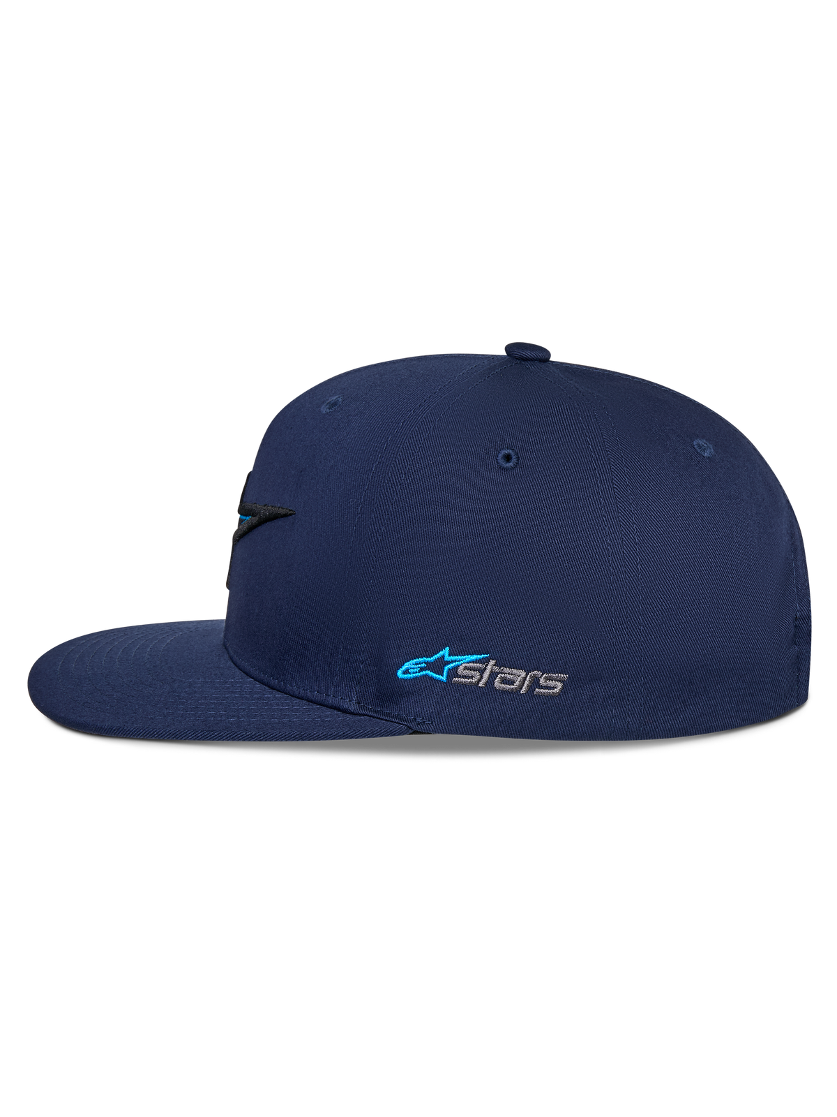 Casquette Snapback Alpinestars Thickness, bleu marine, vue de profil, visière plate avec couronne structurée, logo latéral Astars brodé en bleu clair et gris, style streetwear motorsport décontracté