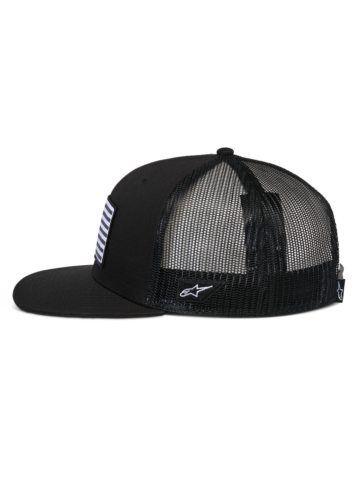 Alpinestars Flag Flat Trucker Hat, side profile, Black, flat bill and structured crown, breathable polyester mesh back, front flag patch and white side logo embroidery, casual motorsport-inspired headwear