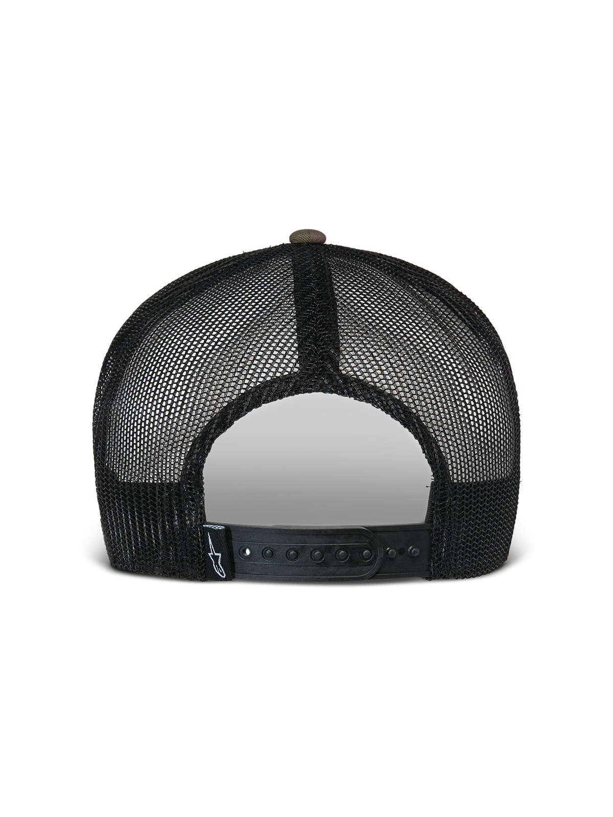 Casquette Trucker Flag Flat Alpinestars, camouflage vert et noir, vue arrière présentant des panneaux en maille noire respirante et une fermeture snapback ajustable avec une petite étiquette logo, couvre-chef décontracté inspiré du sport automobile