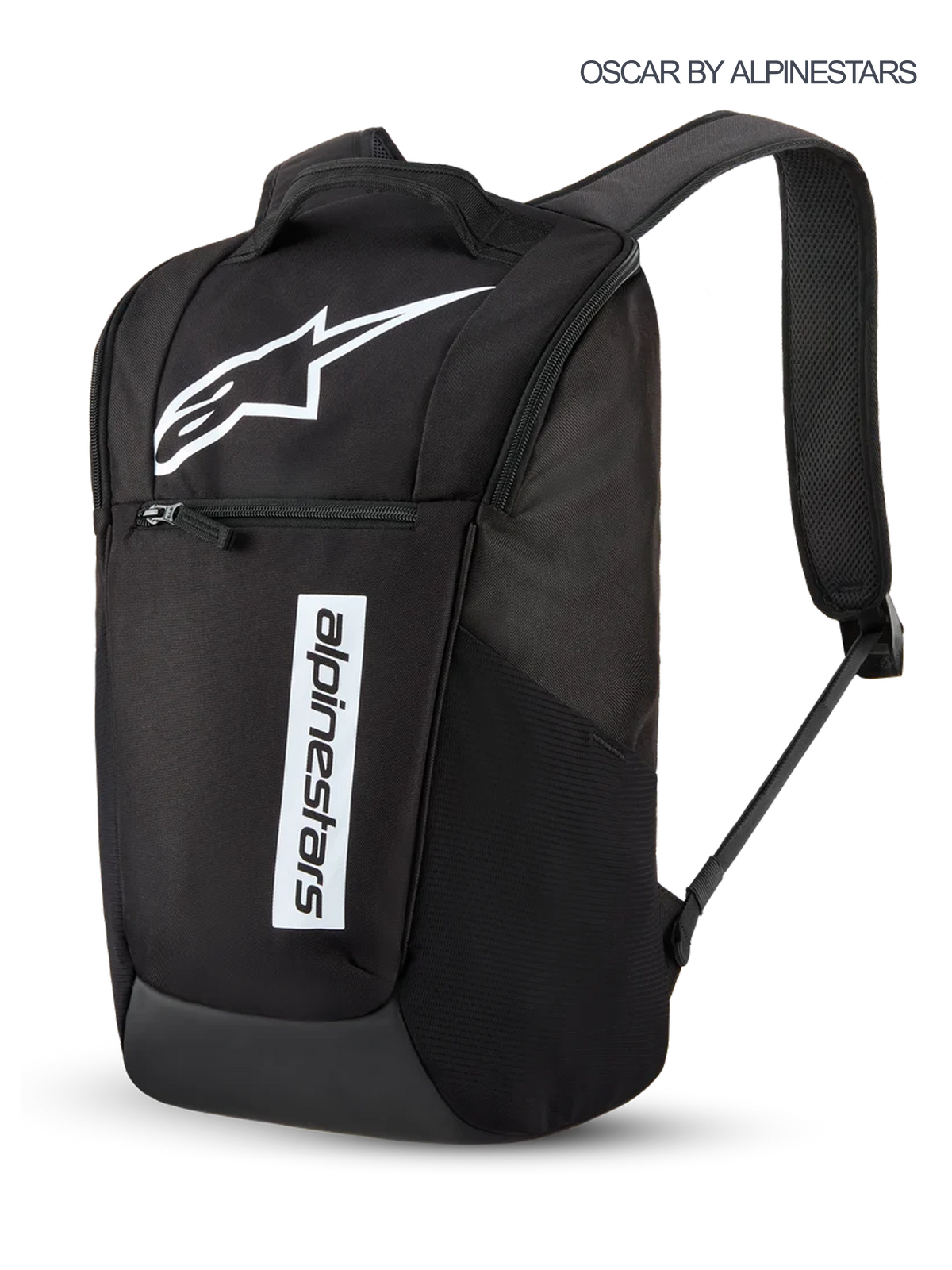Sac à dos Alpinestars Defcon V3, sac à dos sportswear de 13,6 L pour le quotidien, noir et blanc, avec logo et marquage Astars imprimés, poche avant zippée et bretelles rembourrées.