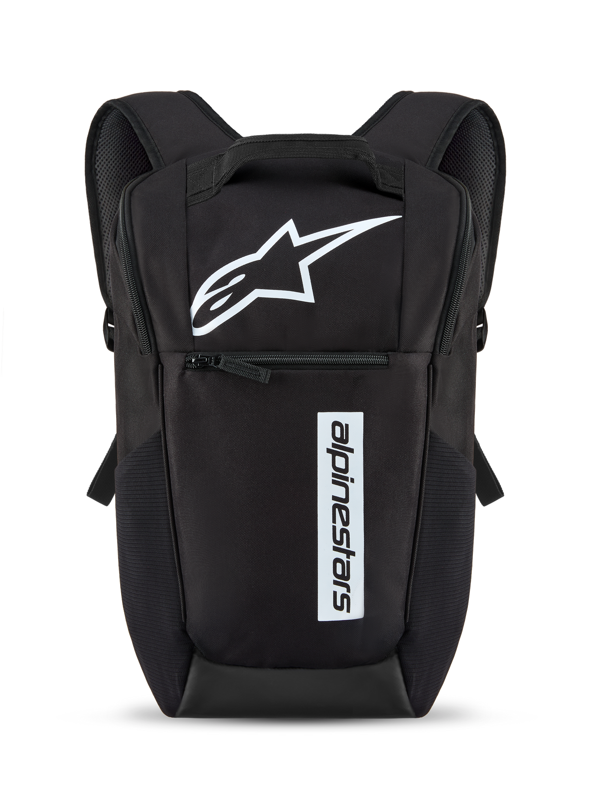 Alpinestars Defcon V3 Backpack, Black and White, small daily backpack featuring white star logo and vertical wordmark branding, front zipper pocket, padded shoulder straps, durable 600D polyester material